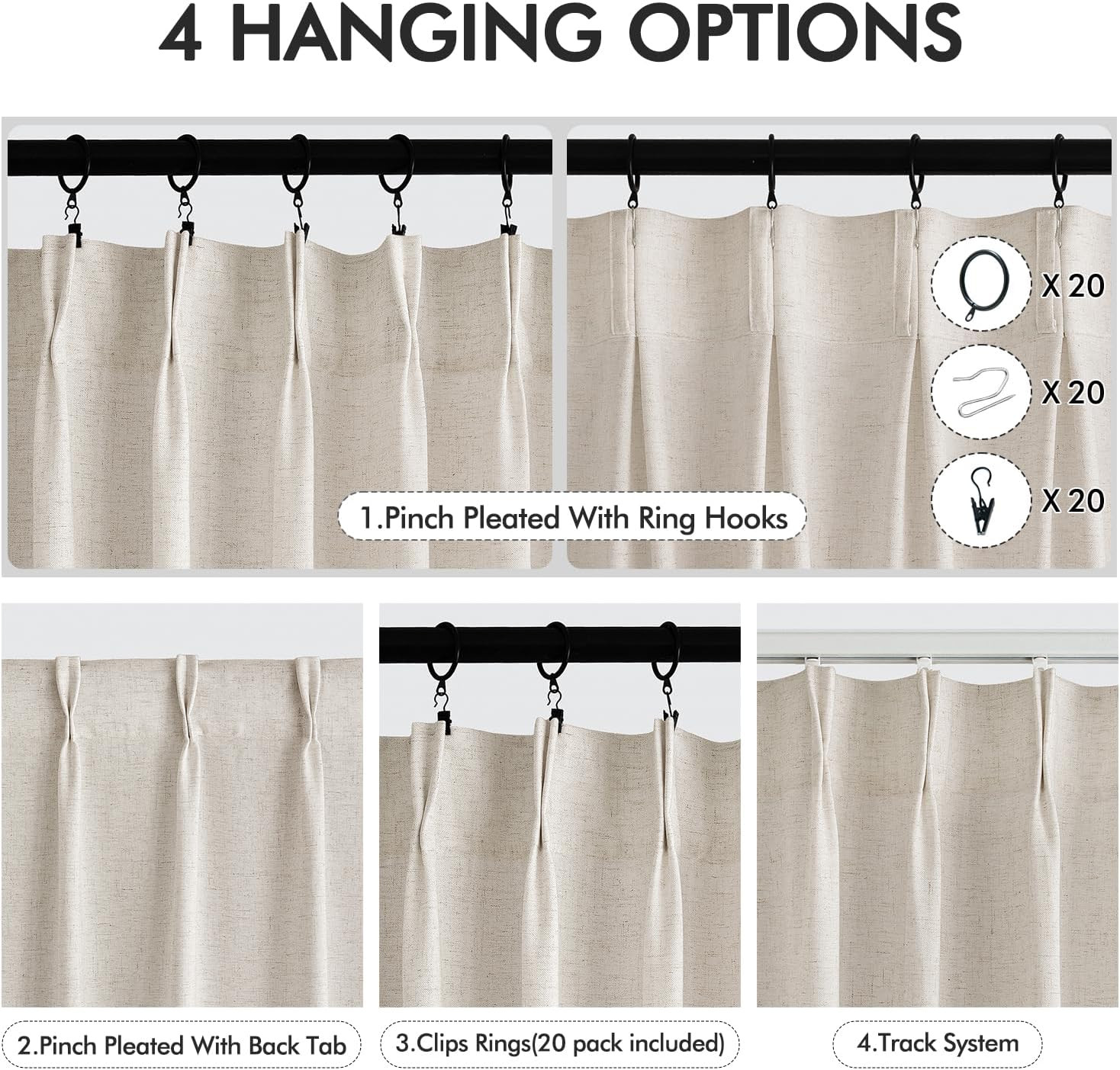 Luxury Beige Pinch Pleated Linen Curtains for Sliding Doors – 2 Panels Set
