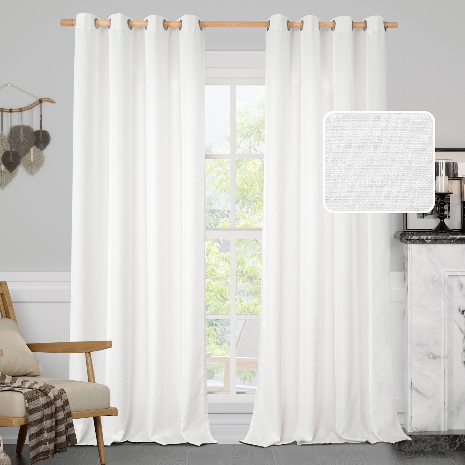 LAMIT White Linen Curtains 84 inches Long 2 Panels, Grommet Semi Sheer Light …