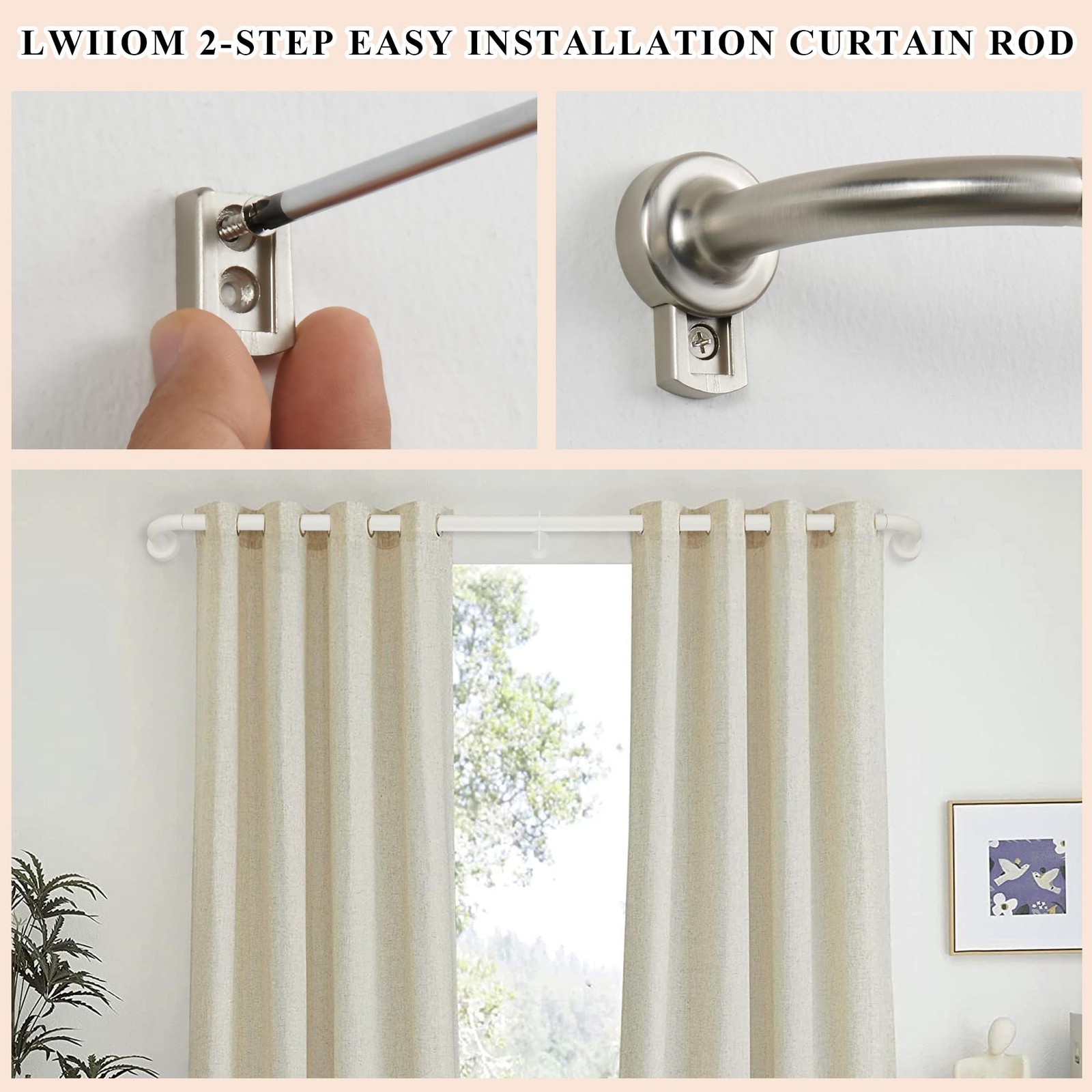 Lwiiom Brushed Nickel Curtain Rods Windows 66 120″,1 Inch Disc Wrap Around