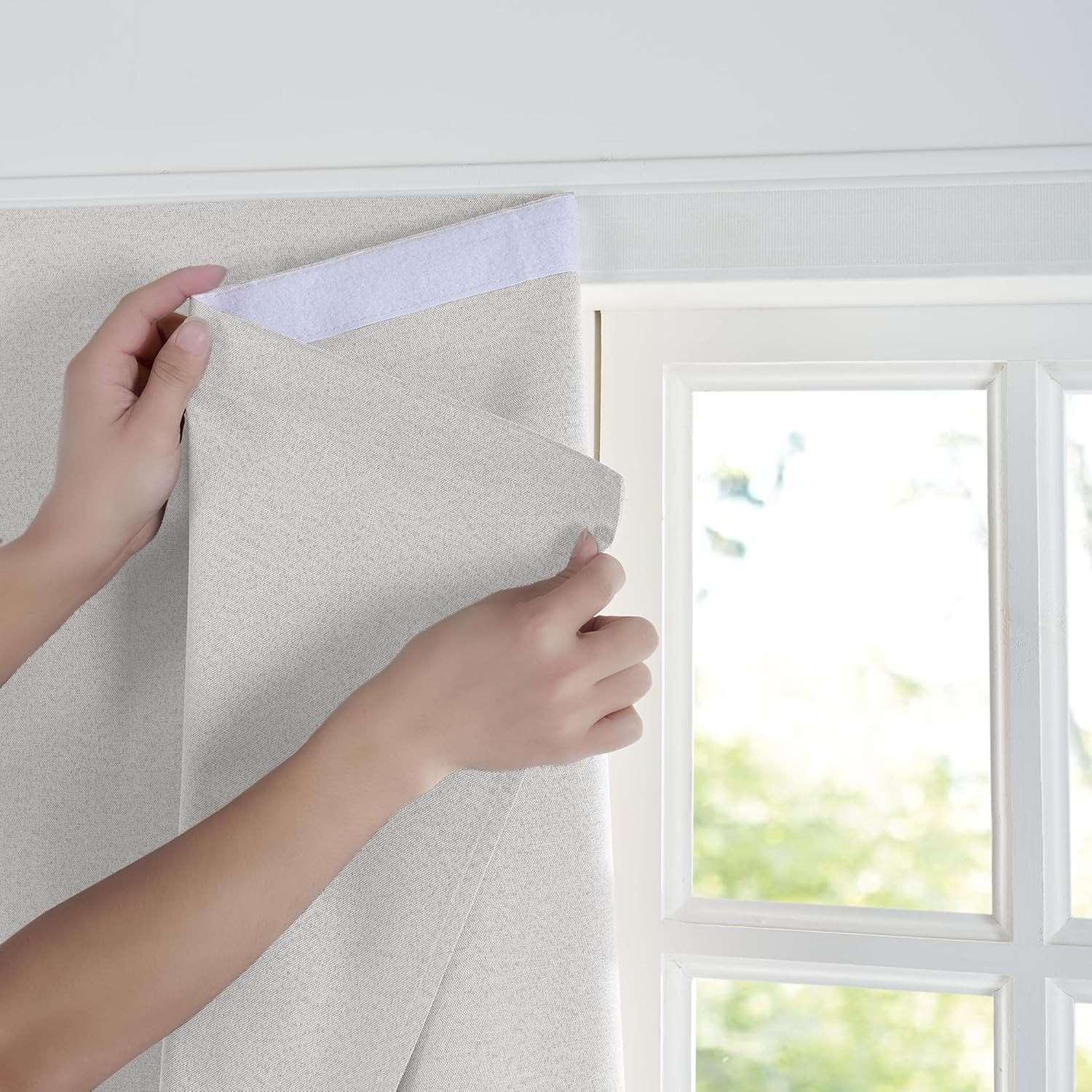 Self Adhesive 100% Blackout Linen Curtain Drape, Greyish White, No Drill Easy to