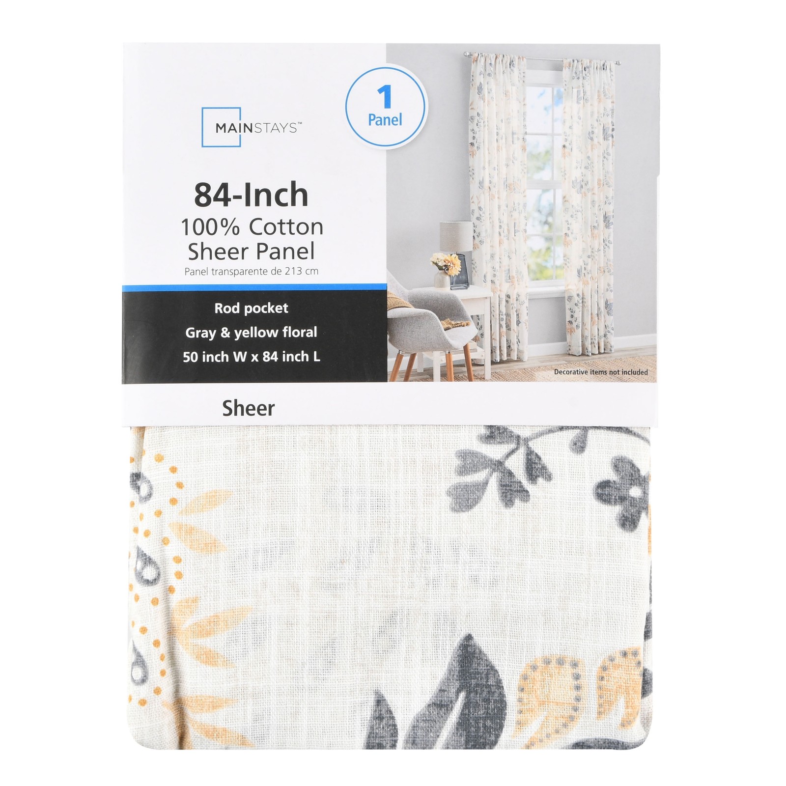 100% Cotton Indoor Sheer Rod Pocket Single Curtain Panel , White , 50″ W x 63″L