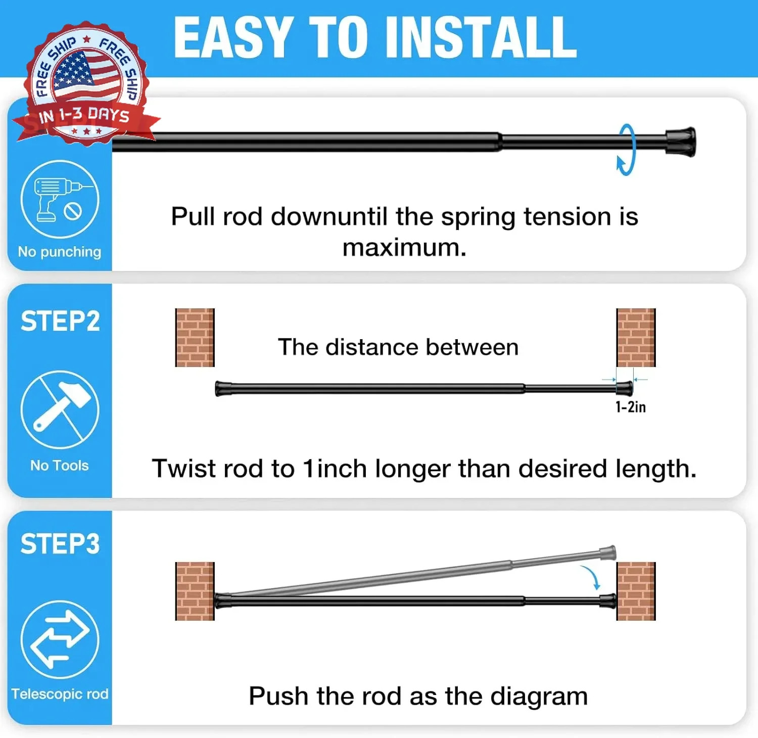 2 Pack Spring Tension Rods 28-48 Inches,5/8″ Diameter Black Spring Load Adjustab