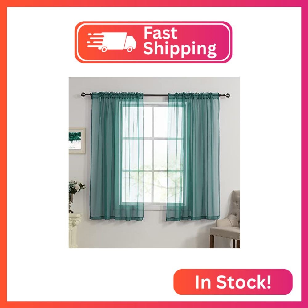 HUTO Dark Teal Green Sheer Curtains 63 inches Long for Bedroom Top Rod Pocket Sh