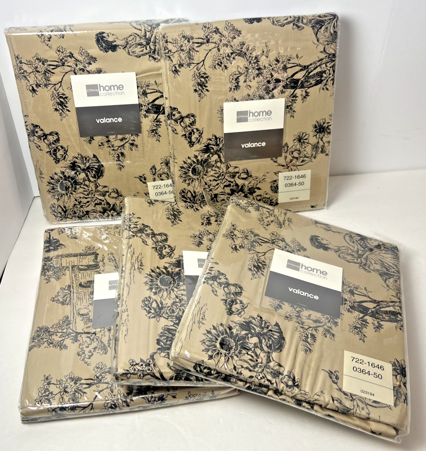 5 NEW JCPenney Valances Toile & Check Black & Tan 80×18″ French Country 023184