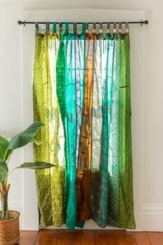 Indian Vintage Old SILK Sari Patchwork Curtain Drape Window Decor Silk Curtain