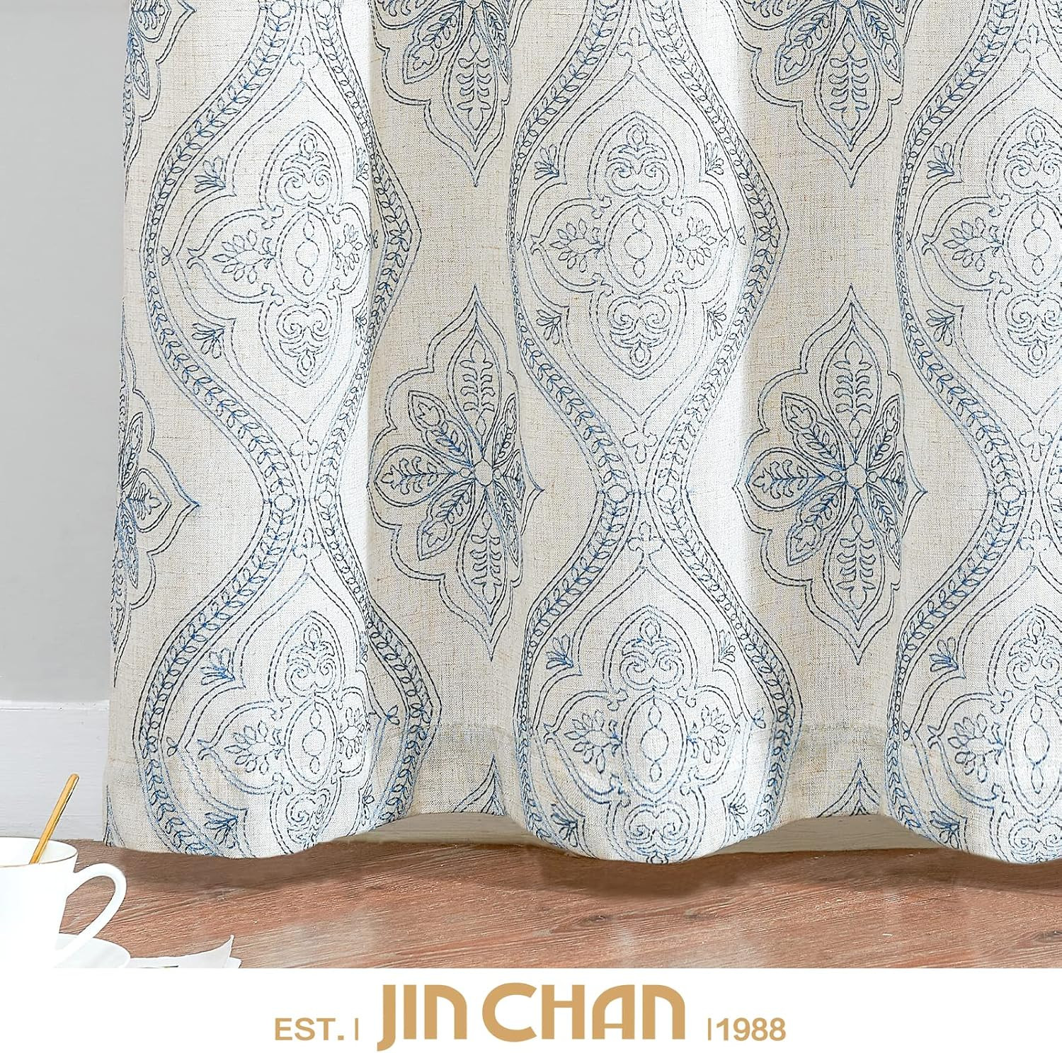 Embroidered Boho Linen Curtains – Light Filtering Grommet Panels, 84″ Blue/Ecru
