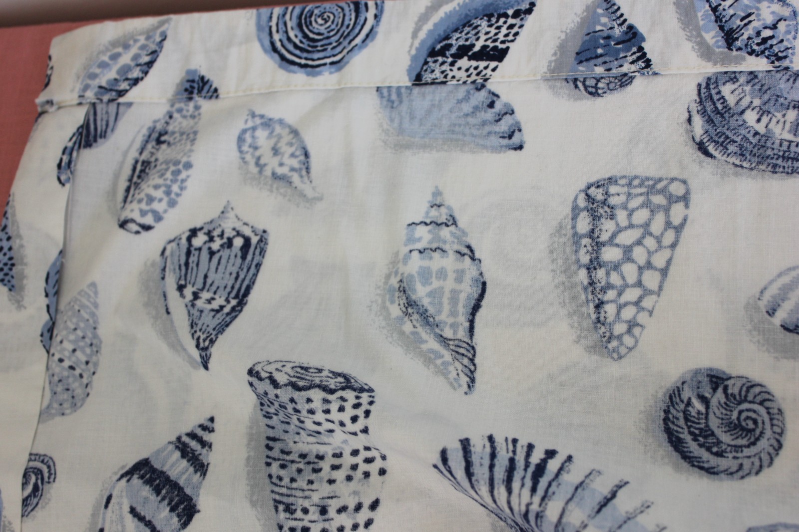 Custom Curtains Blue White Seashell Toile Vtg 3-Pc Drapery Set Beachcomber