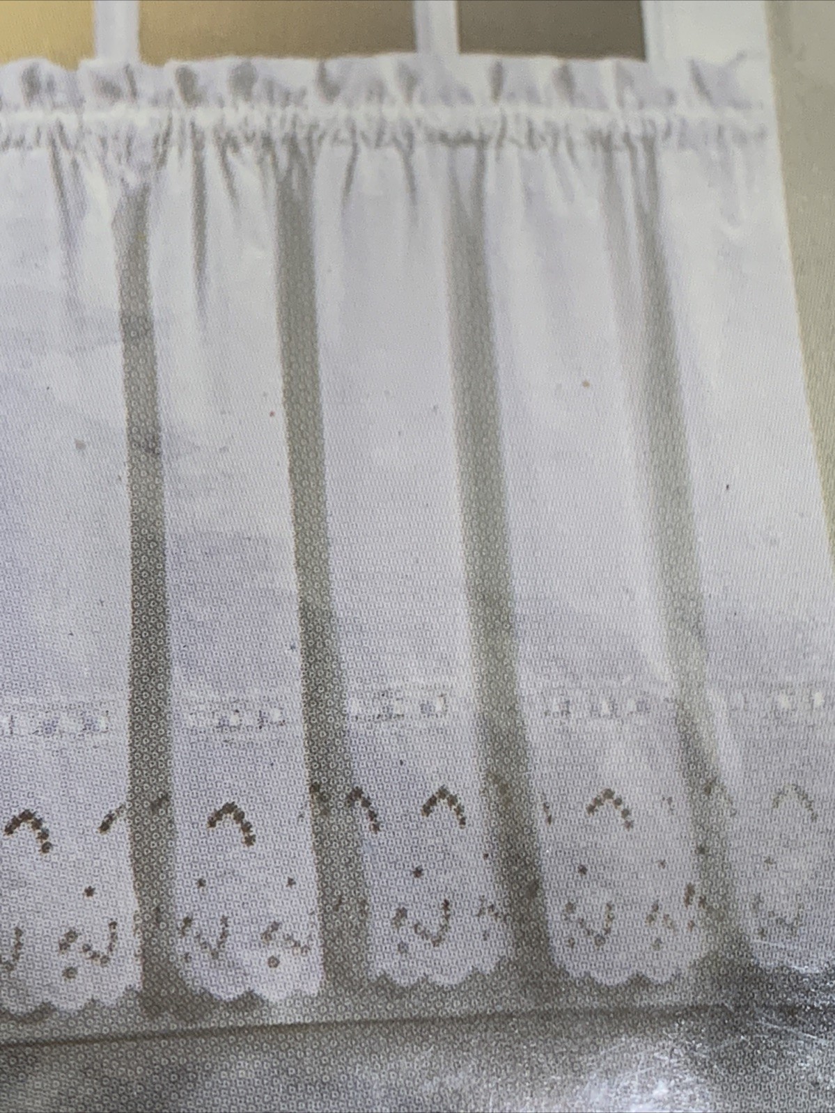 Vintage Floral Eyelet Curtain Solid White Satin Ribbon Trim Cutwork 60”X36”
