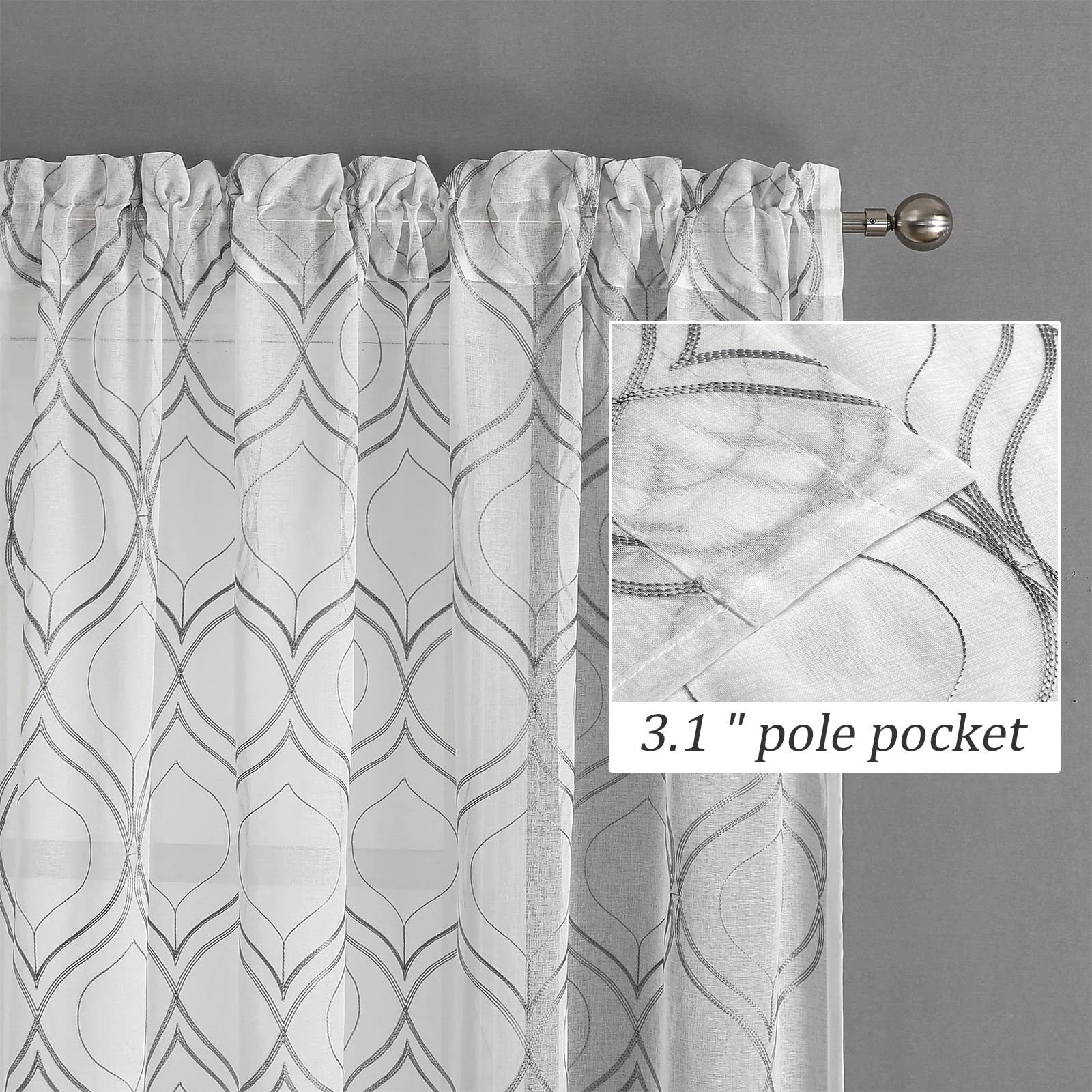 VISIONTEX Moroccan Embroidered Trellis White Sheer Curtains Panels, Damask Textu