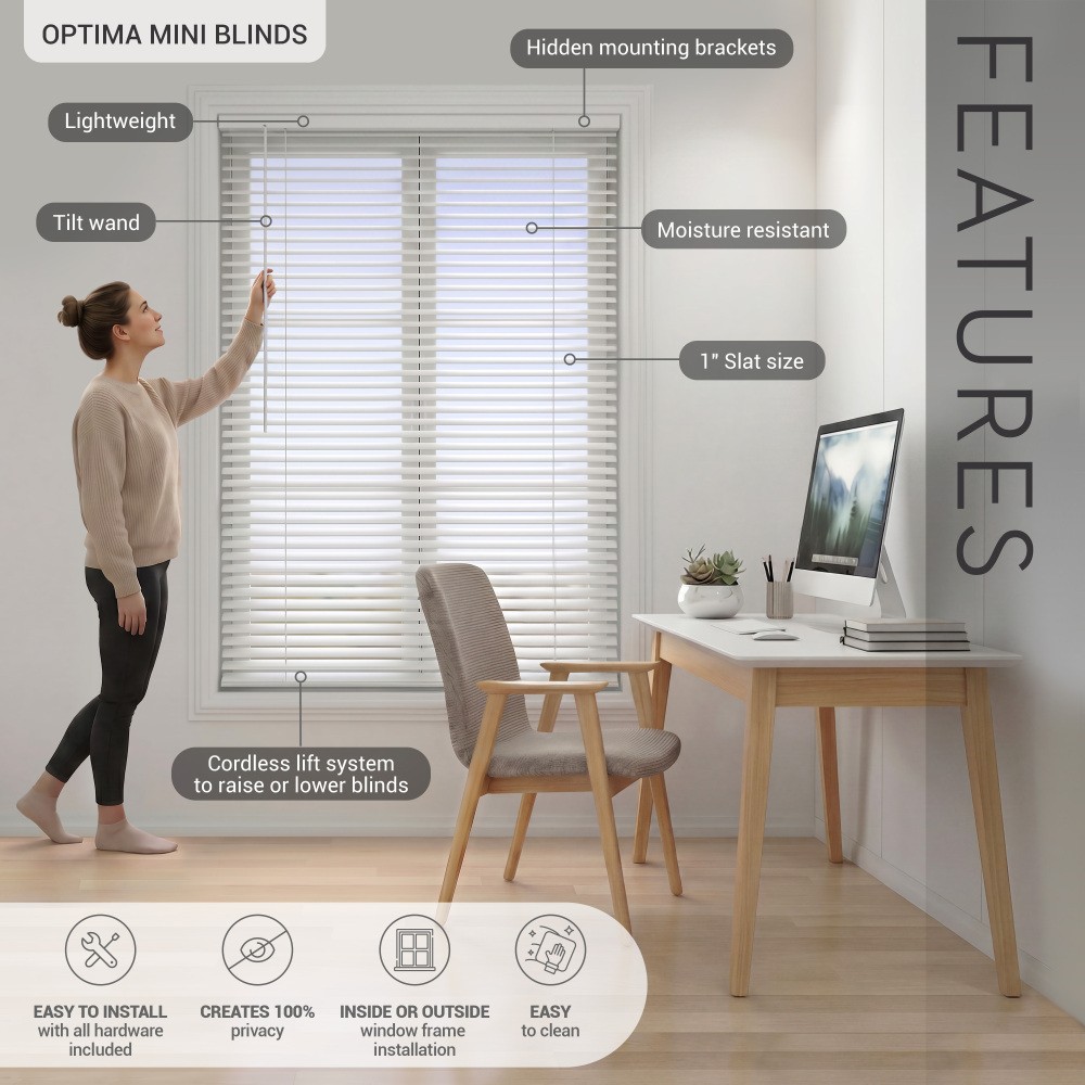 Cordless 1″ Light Filtering Vinyl Mini Blinds, White, 27″ x 60″