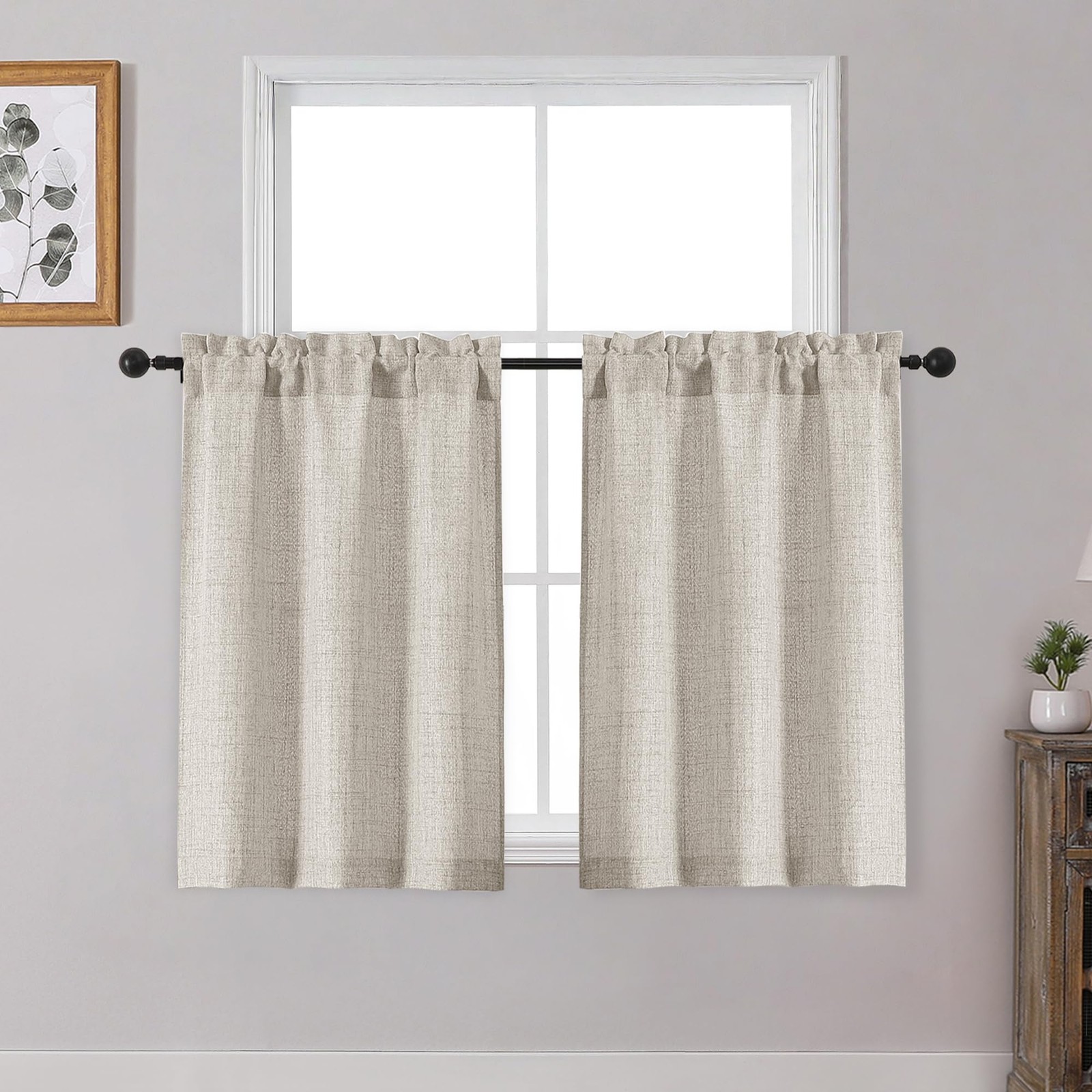 Linen Cafe Curtains 36 Inch Length 2 Panels Set, Light Filtering Textured Short