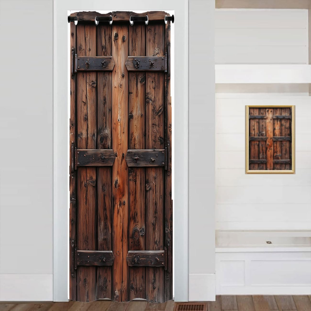 Rustic Wooden Door Curtain for Doorway Privacy Vintage Wooden Barn Door Room Div