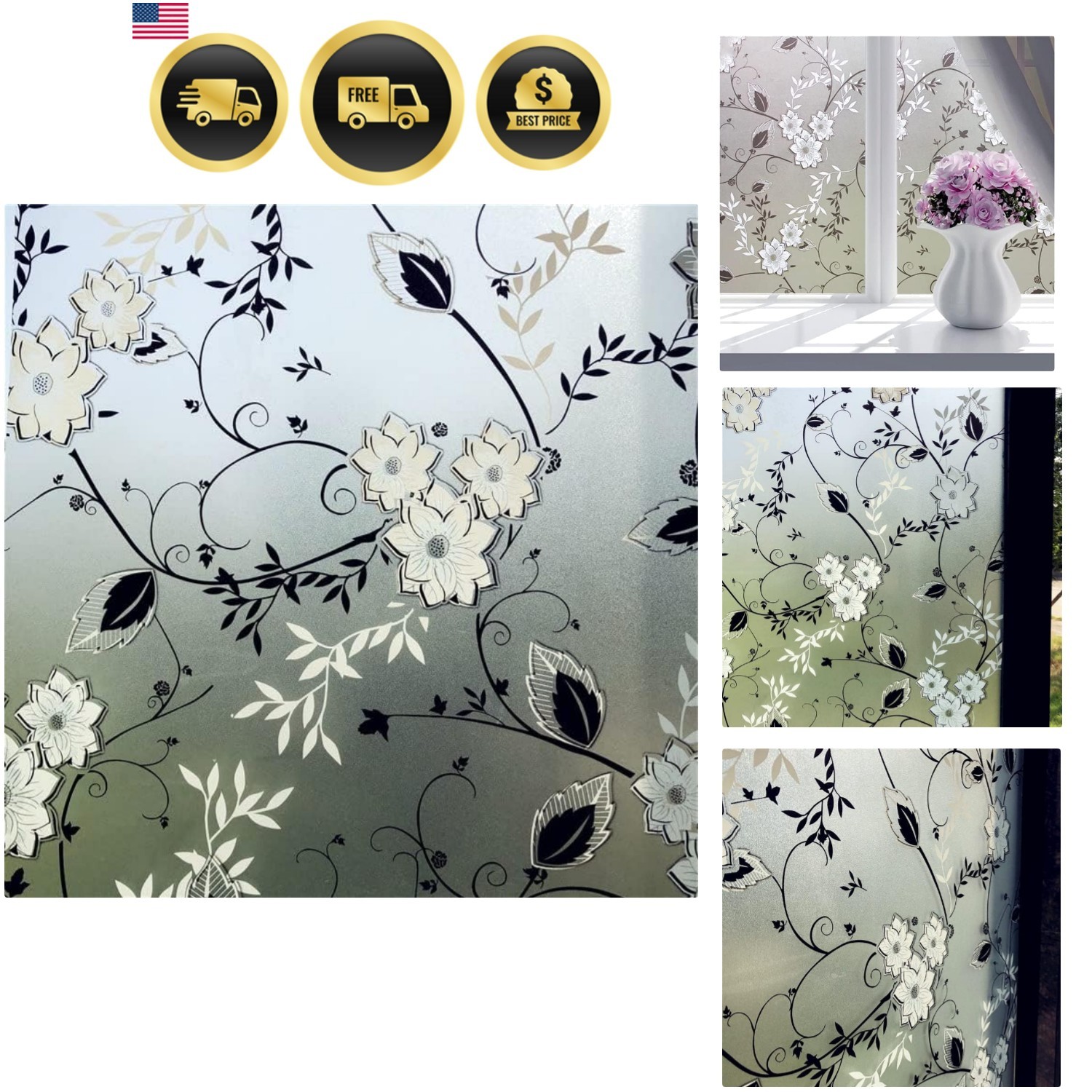 Window Privacy Film for Glass, Floral Removable Static Film, 17.5×78.7 Inch