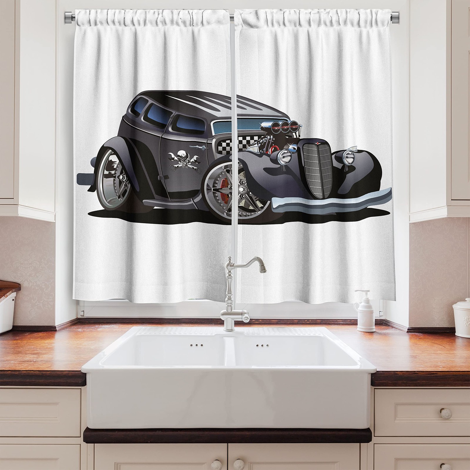 Cartoon Kitchen Curtains, Hot Rod Car Fashion Skull Pattern Angry on Plain Ba…