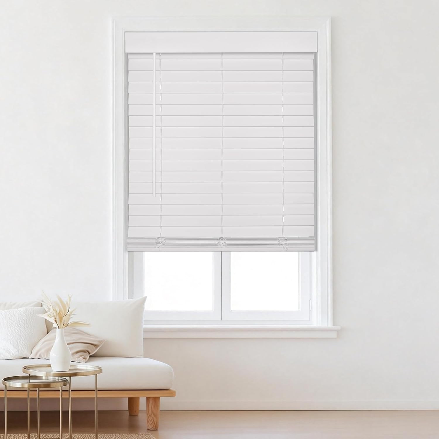 Cordless 2″ Faux Wood Blinds with Valance, Light Filtering, 53″W x 60″H, White