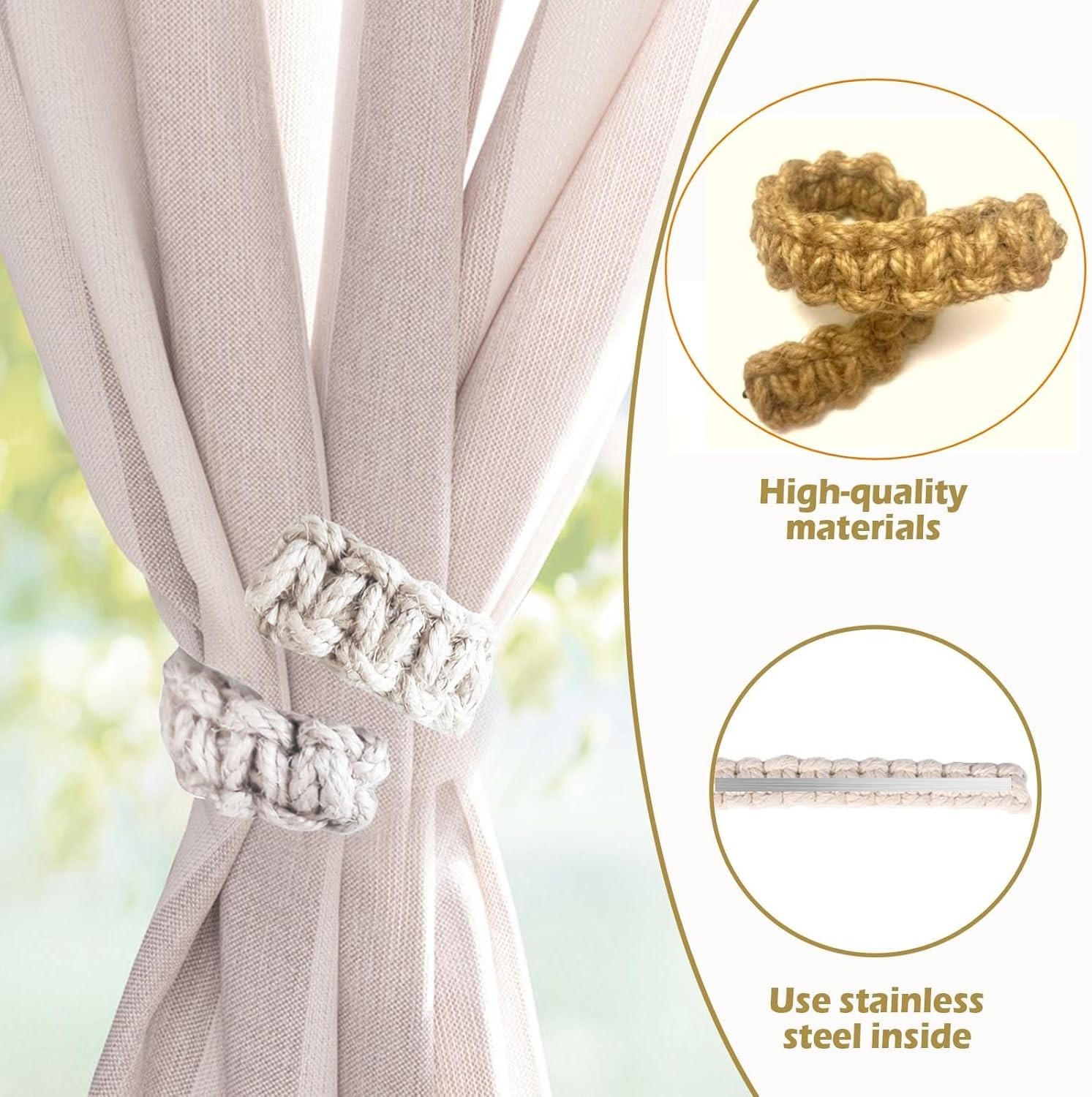 2-Pack Braided Jute Curtain Tiebacks Rustic Boho Drapery Holdbacks Brown