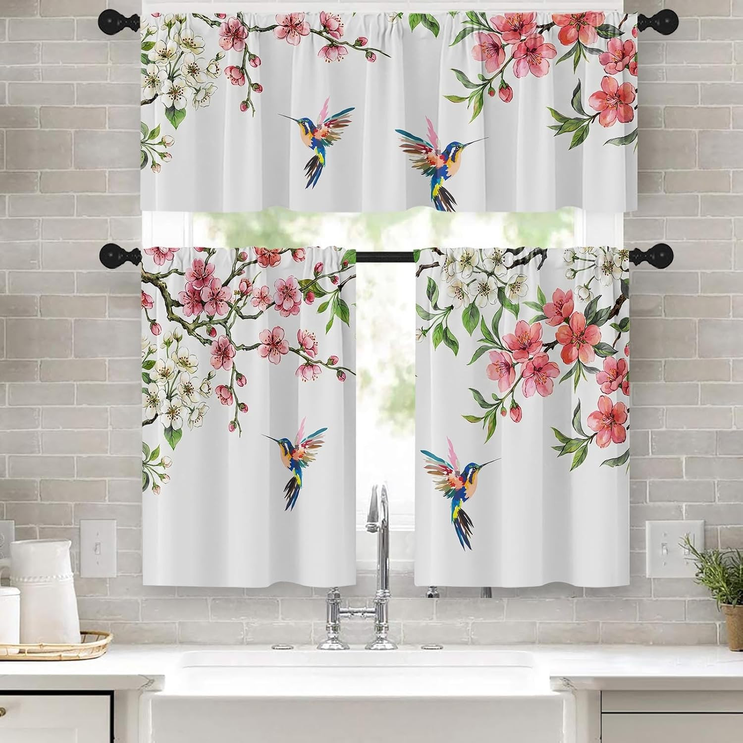 Flower Kitchen Window Curtains Valance and Tier Set 36 Inch, Spring Hummingbird