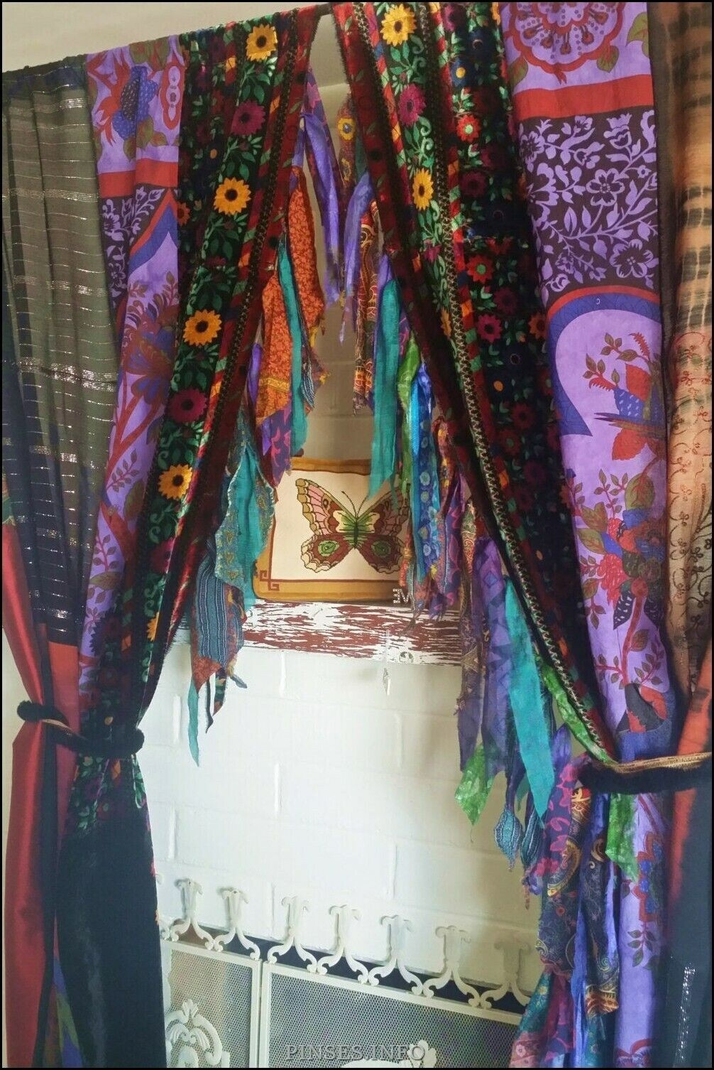 2 Pcs Indian Sari Patchwork Curtain Drape Window Decor Multi Silk Sari Curtain