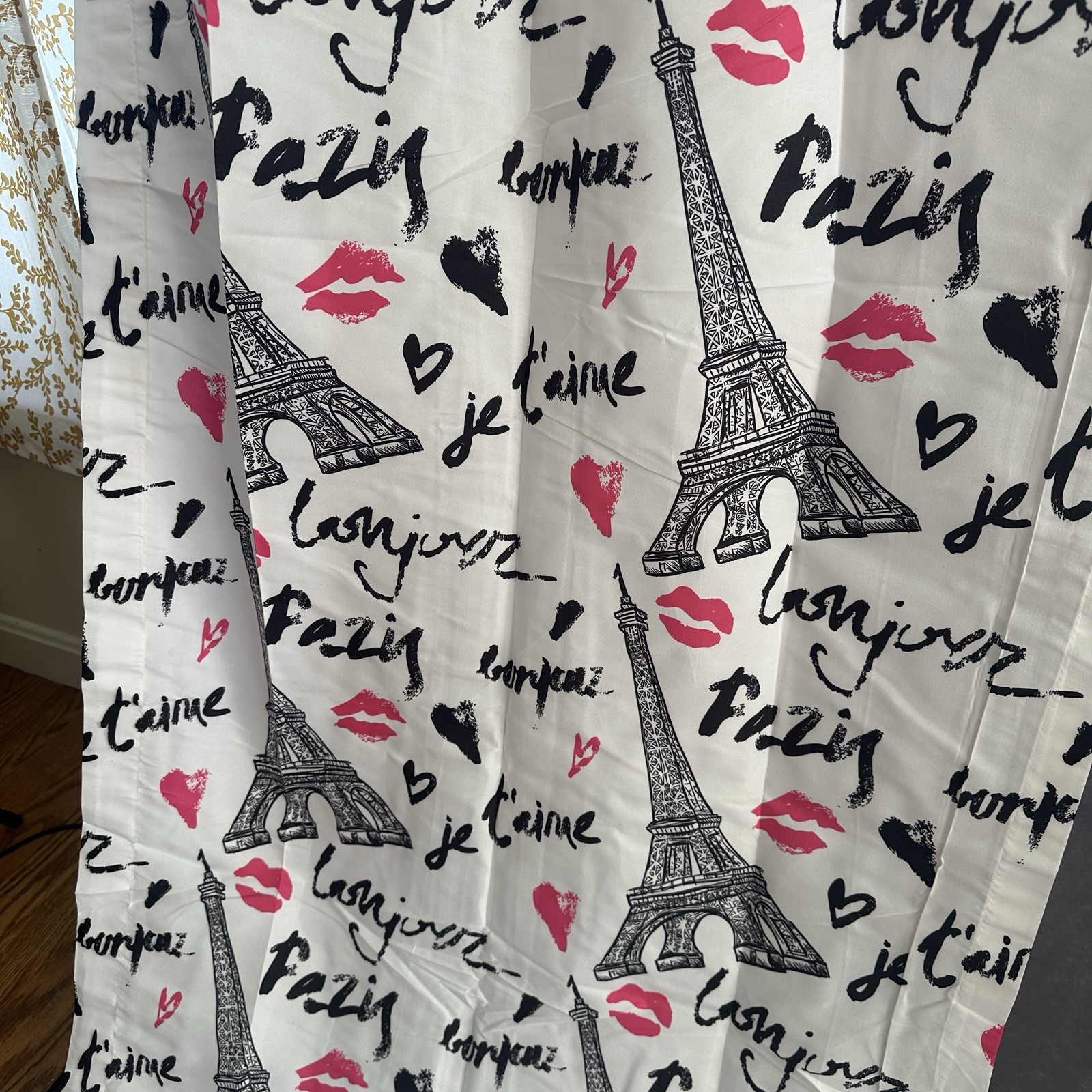 Paris Eiffel Tower Curtain Panels Set of 2 White Black Pink 28×84 Semi-Sheer NEW