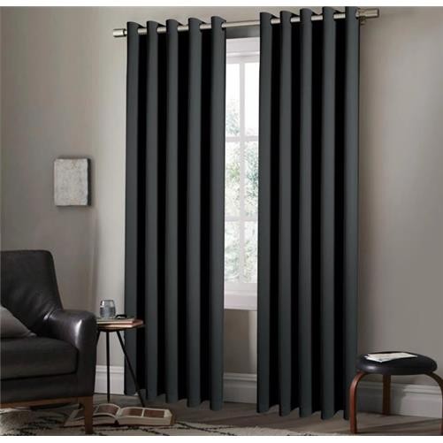 EYELET Black Ring Top Plain Thermal BLACKOUT LINED Curtains with Tie Backs