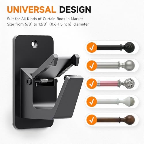 Universal Curtain Rod Holders, No Drill Curtain Rod Brackets, Self 4 Black
