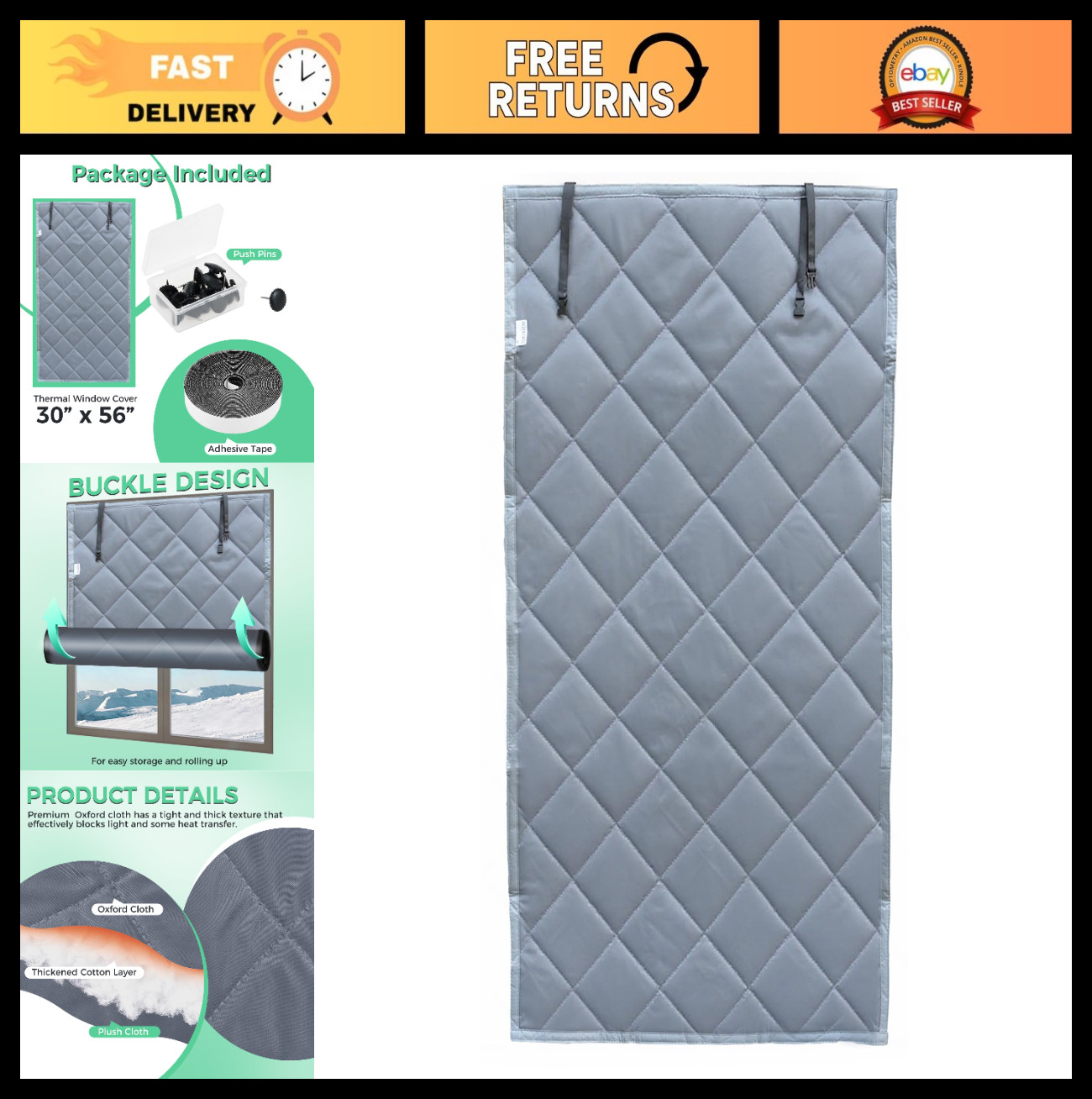 Winter Window Insulation Kit – Thick Cotton Thermal Cover 30″x56″, Heavy Duty, G