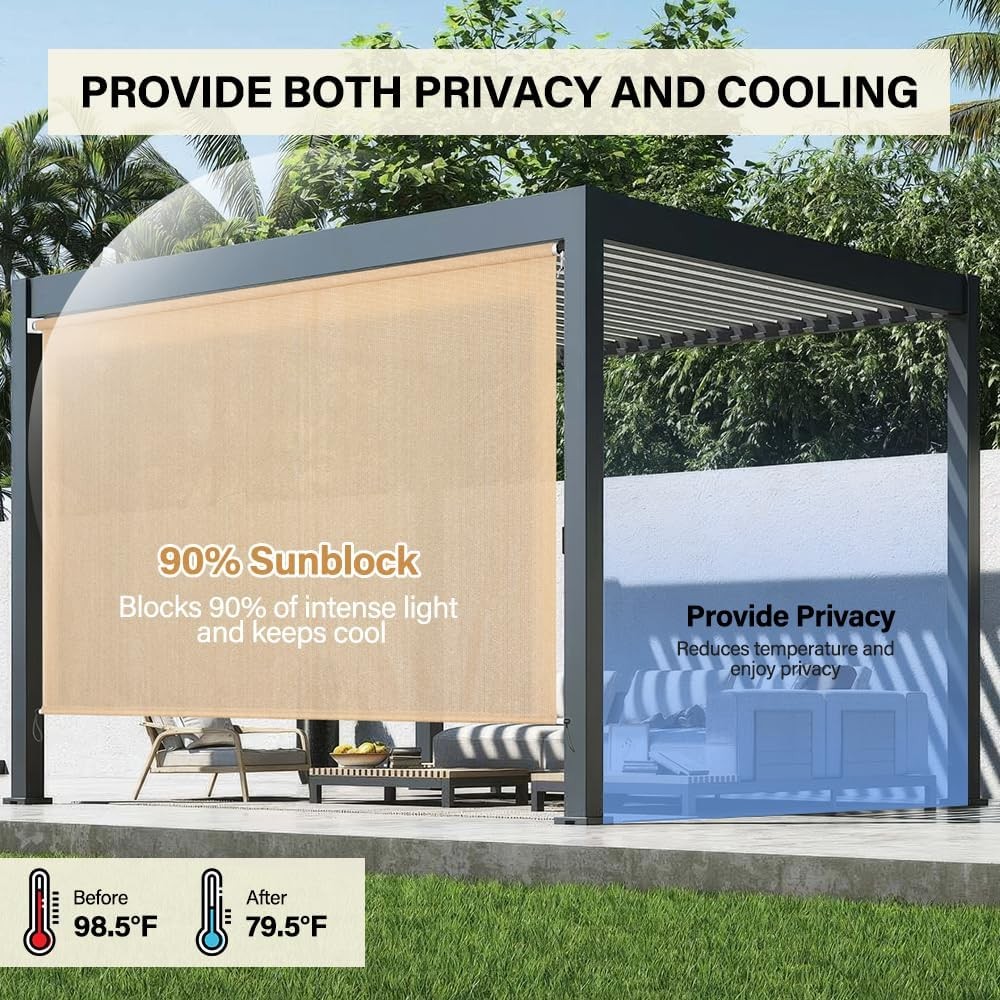 Outdoor Roller Shades 6′ W x 8 L (72″ W x 96″ H), Cordless Patio Shades Roll Up