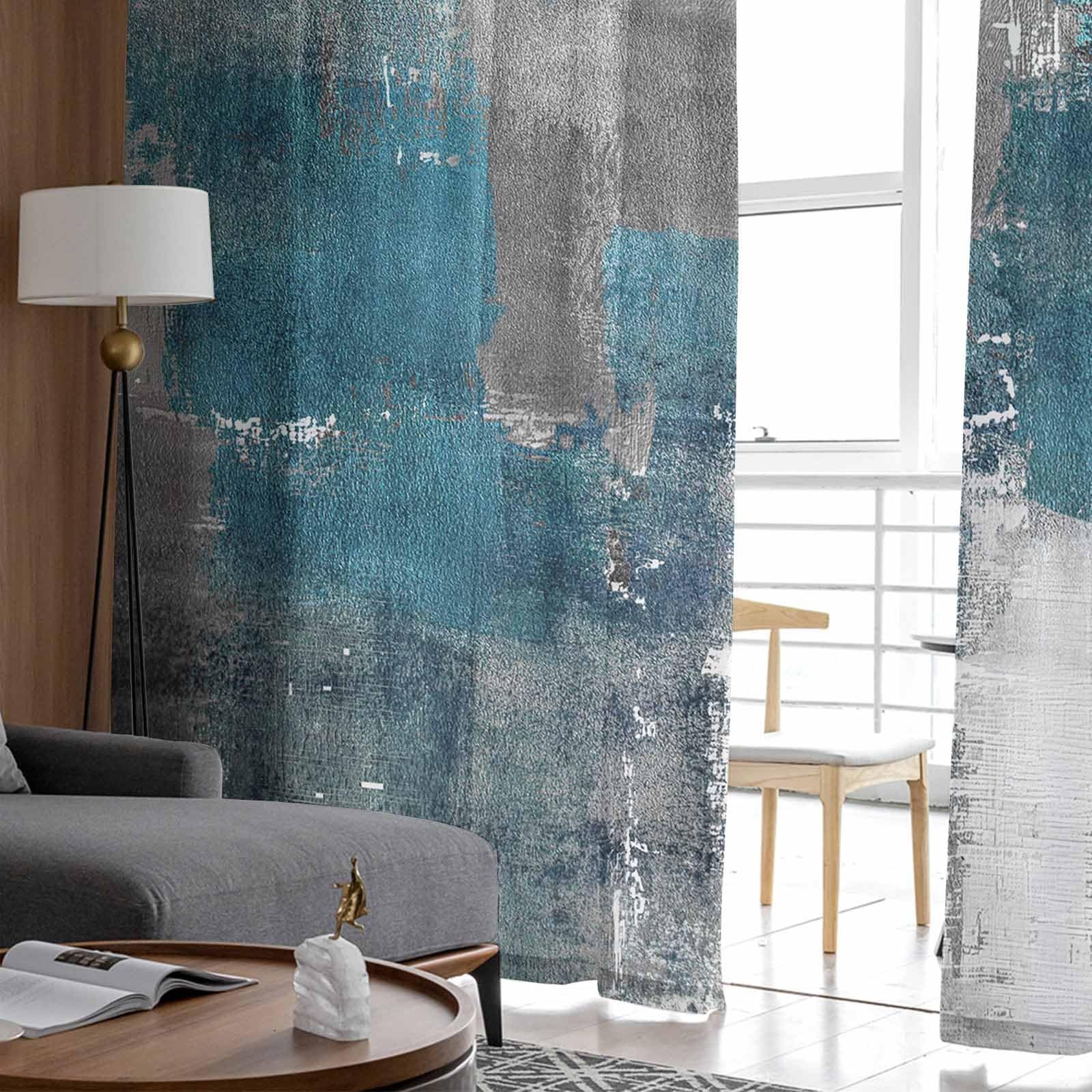 Turquoise Blue Grey Sheer Curtains 72 Inch Length 2 Panels Set for Living Roo…
