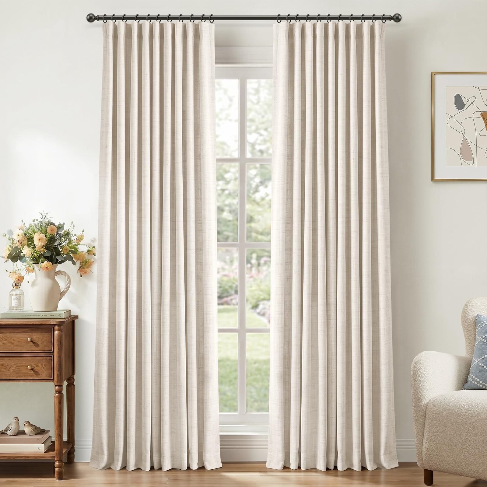 100% Blackout Shield Curtains 50W x 102L Beige 2 Panels Faux Linen Thermal