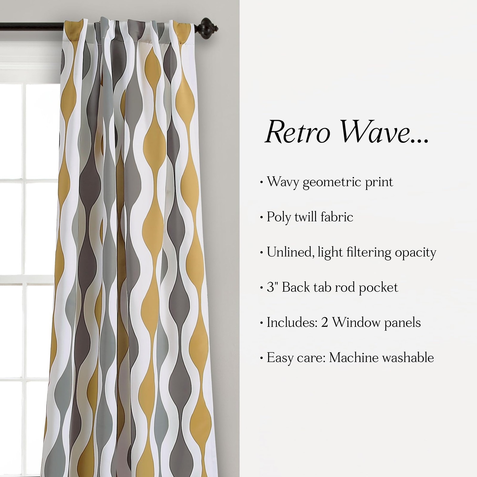 Mid Century Geo Light Filtering Window Curtain Panel Pair, 52″ W x 84″ L, Gol…