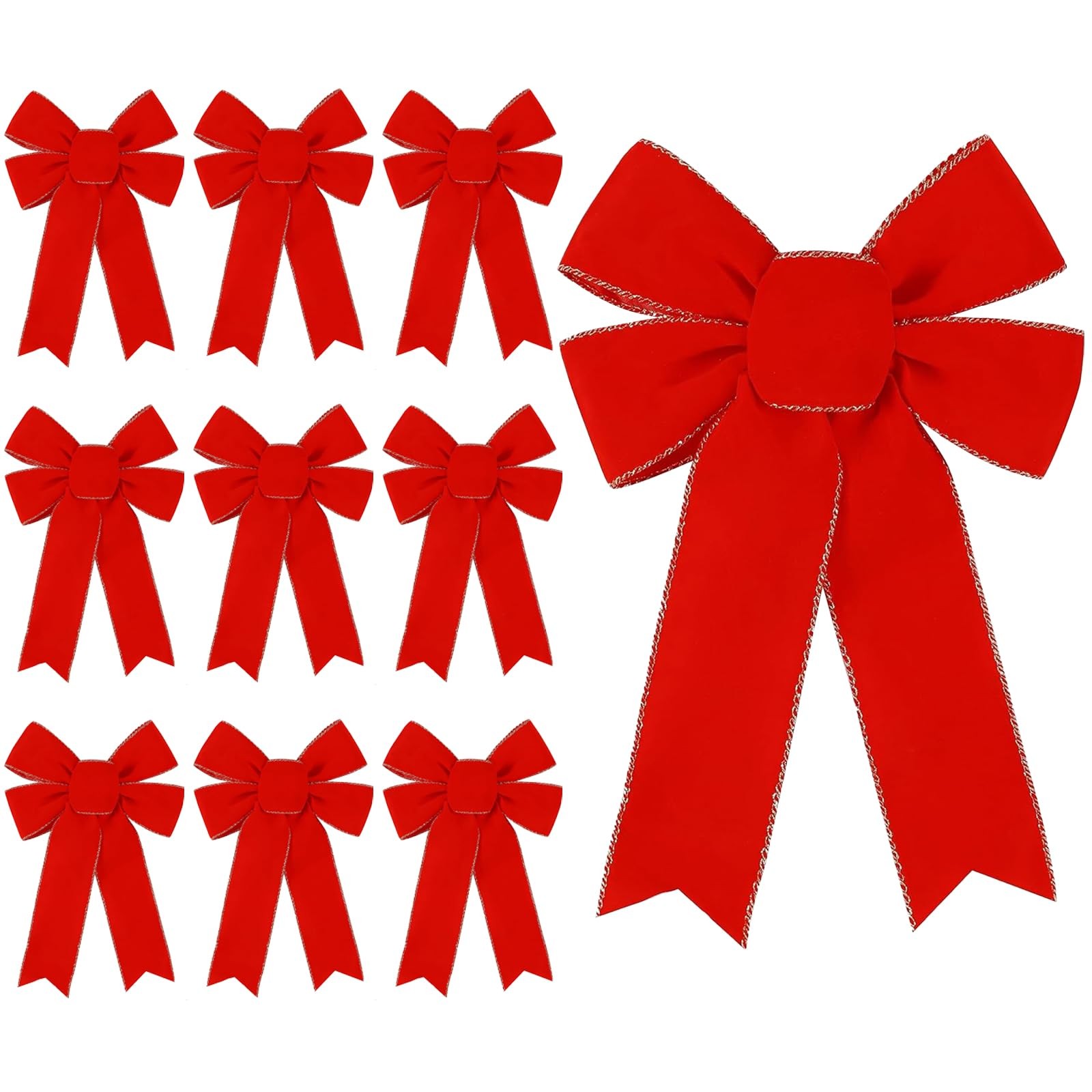 10PCS Christmas Red Bows Decorations, 9 x 13 Inches Large Velvet Tree Wreaths
