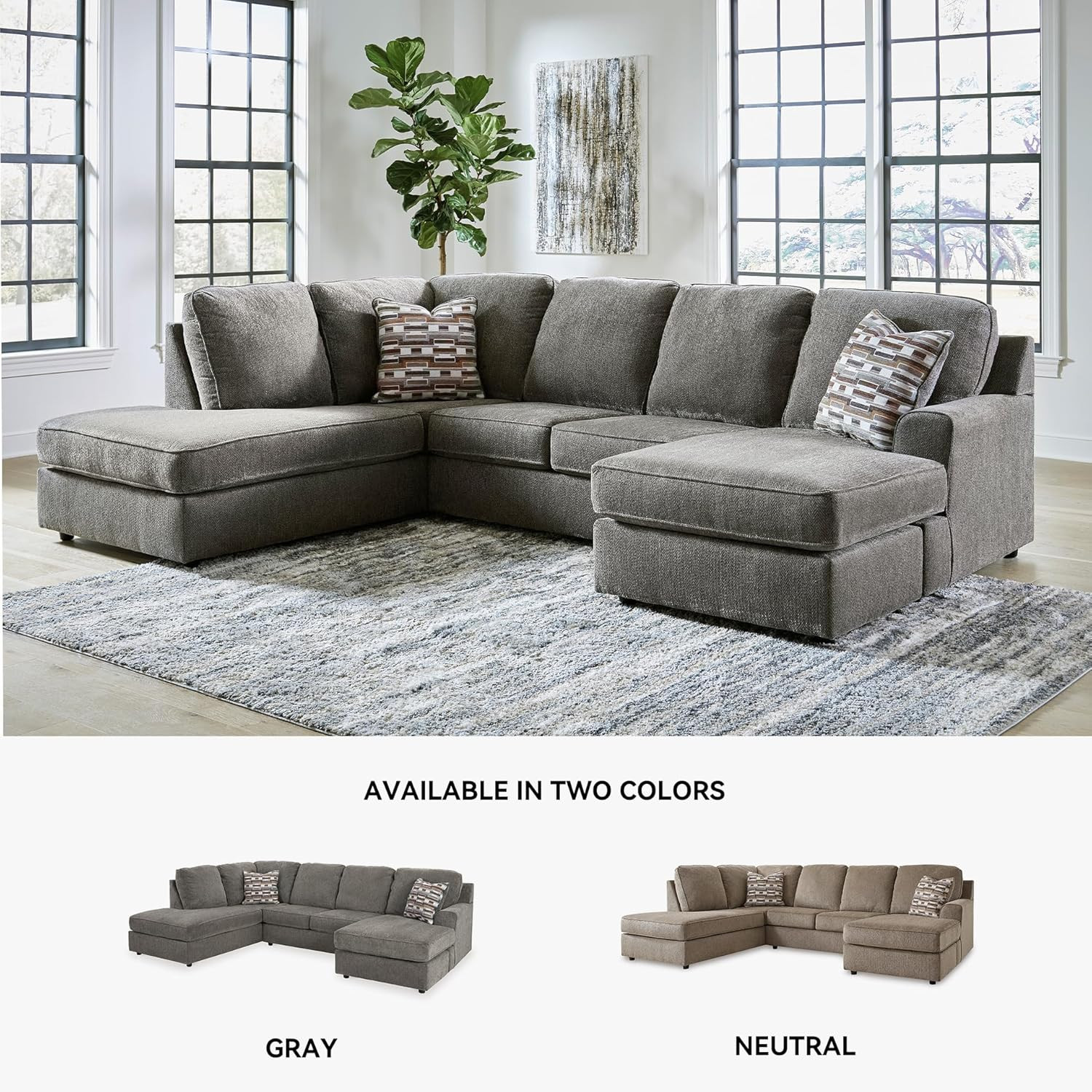 Gray Herringbone Chenille 2-Piece Sectional with Chaise & Pillows