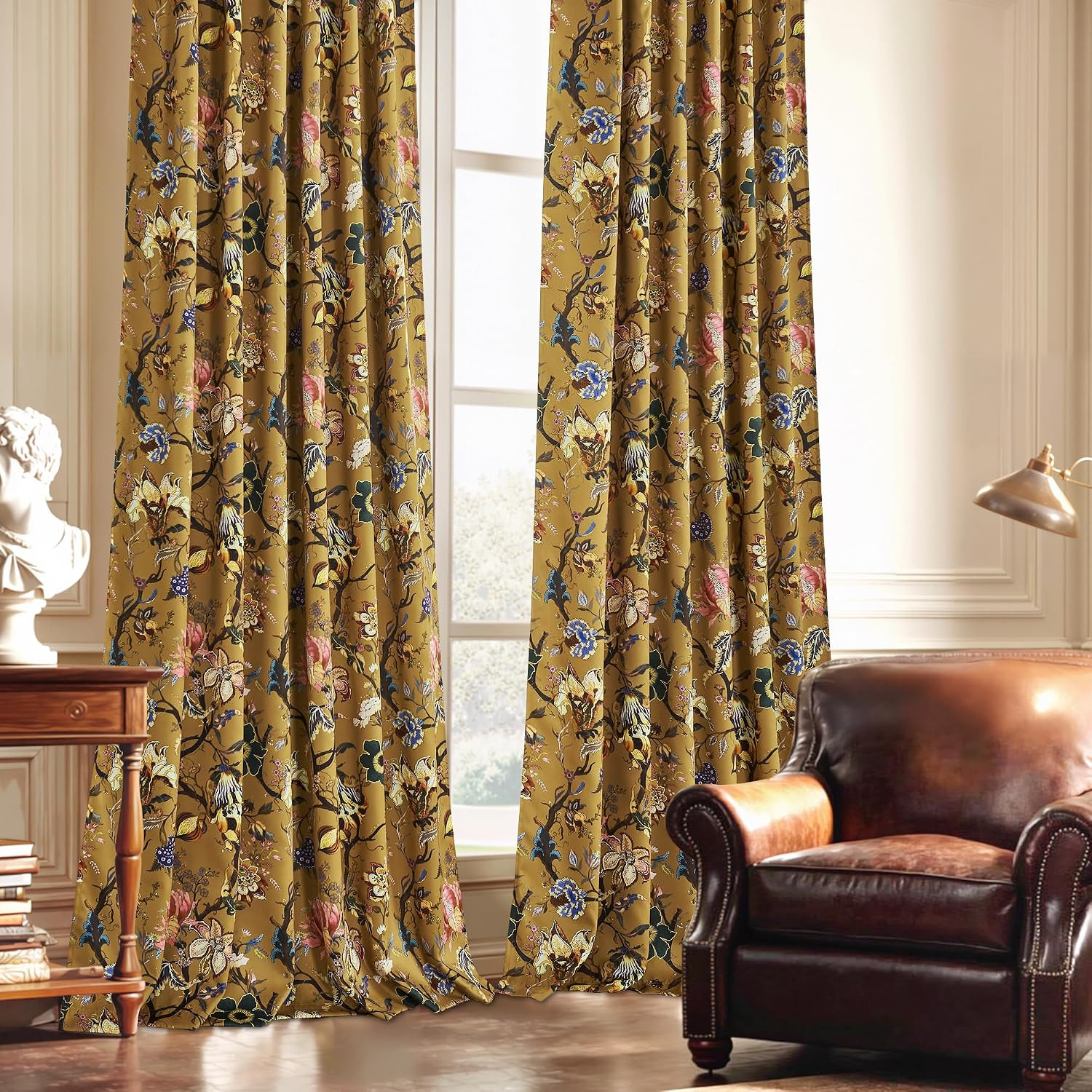 StangH Gold Brown Floral Blackout Curtains 84 Inches Long for Balcony，Vibrant Fl