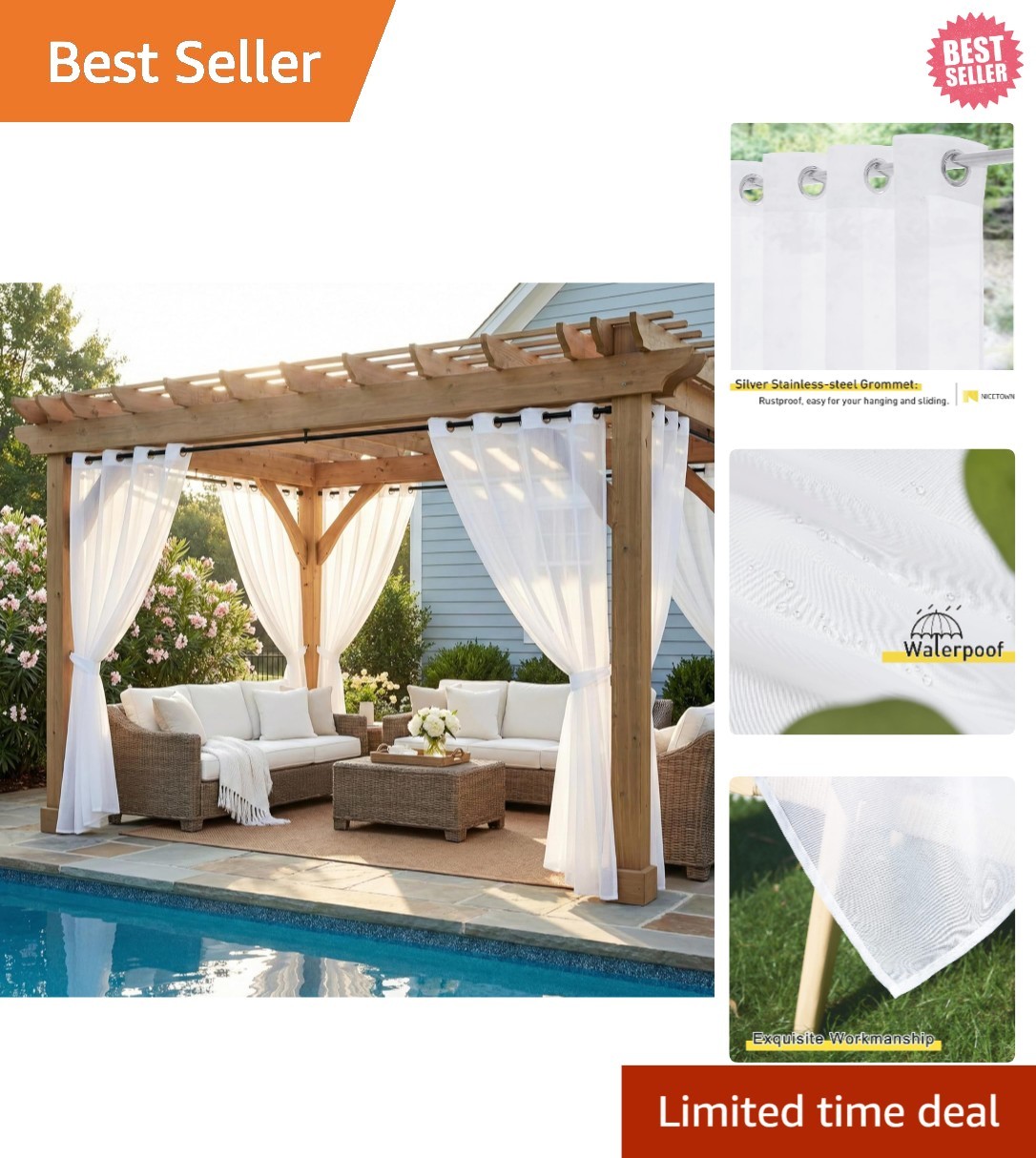 Soft White Sheer Curtain Panels for Living Room & Patio, 54×84 inch, Waterproof