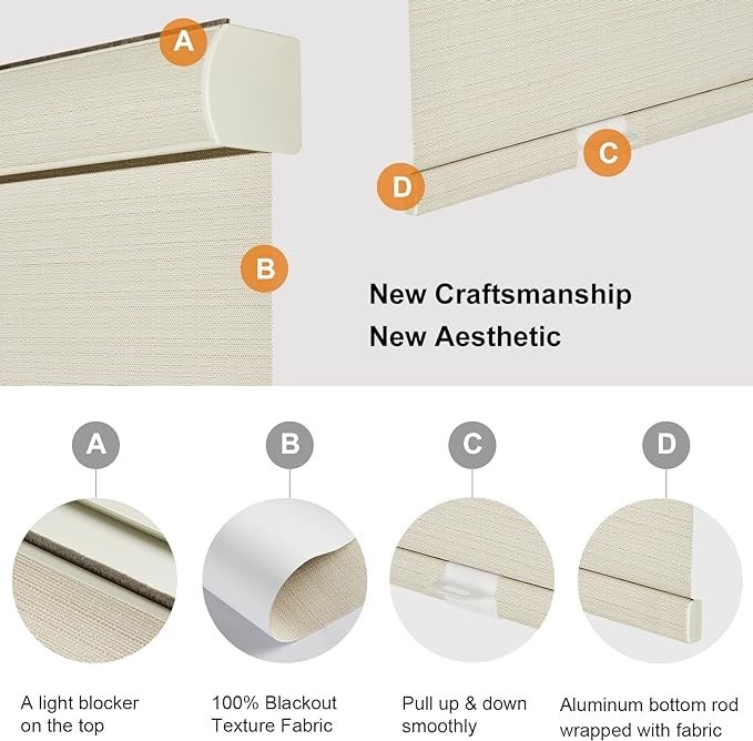 Clearance Beige Free-Stop Cordless 100% Blackout Roller Shades for Window Blinds