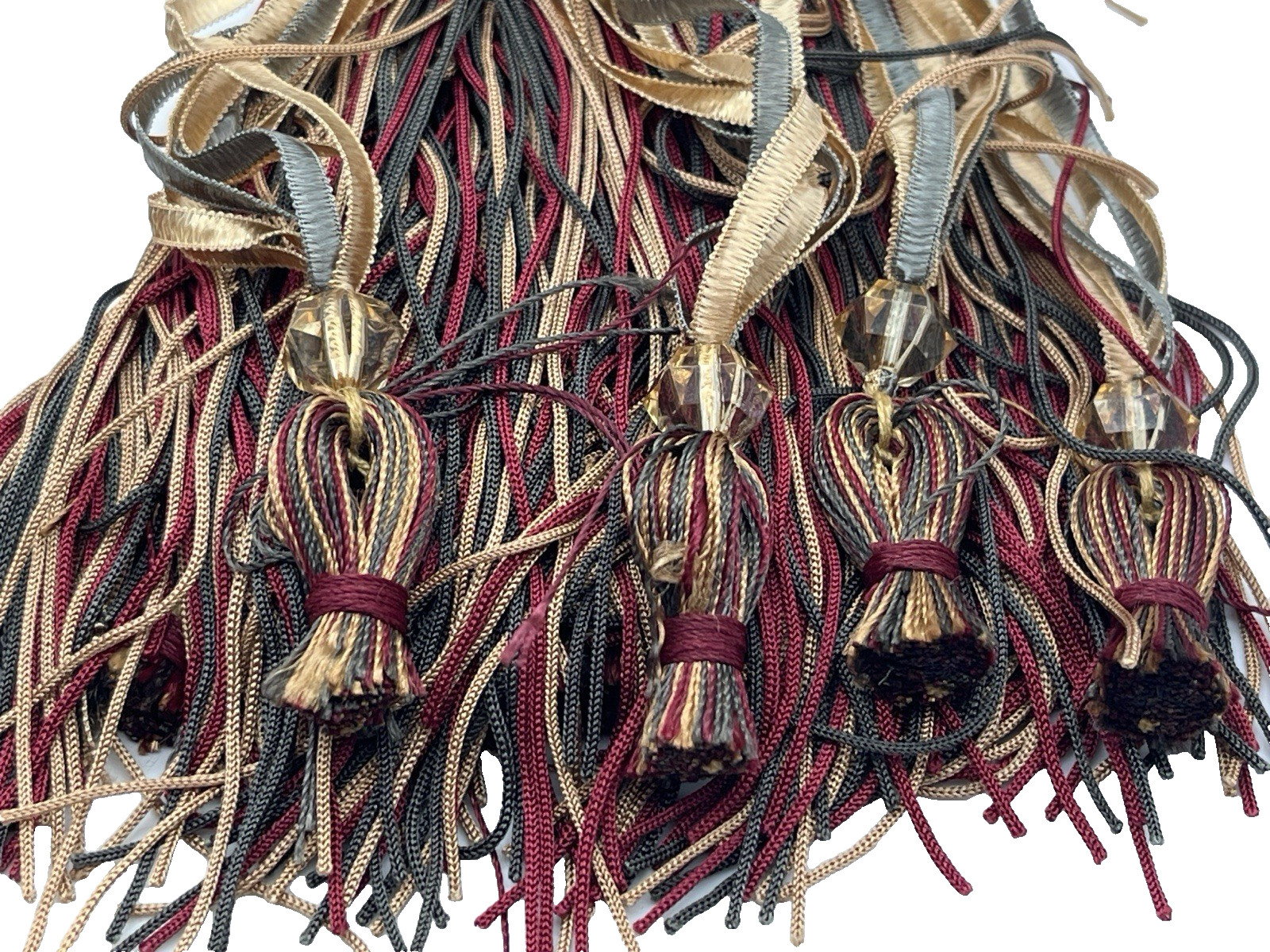 Pair Decorative Beaded Curtain Tiebacks Tassel Rope Burgundy Gold 30”
