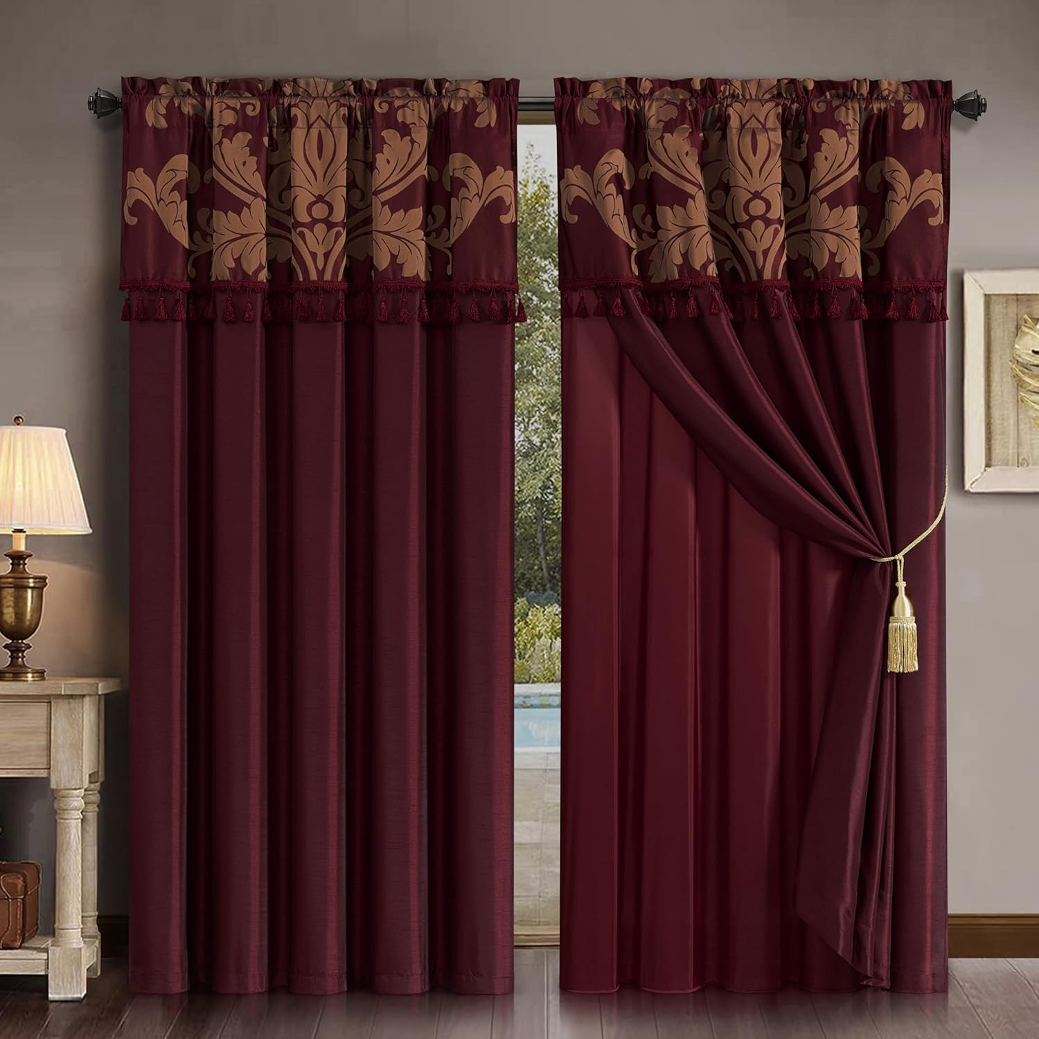 Luxury Jacquard Floral 4 Piece Window Curtain Set with Valance Sheer Maroon Gold