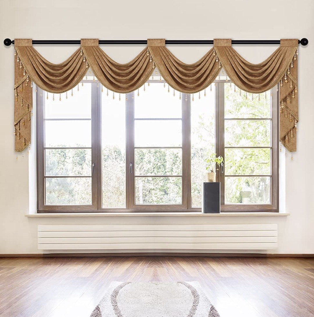 ELKCA Coffee Chenille Waterfall Valance 4 Hollow Swags Rod Pocket Panel