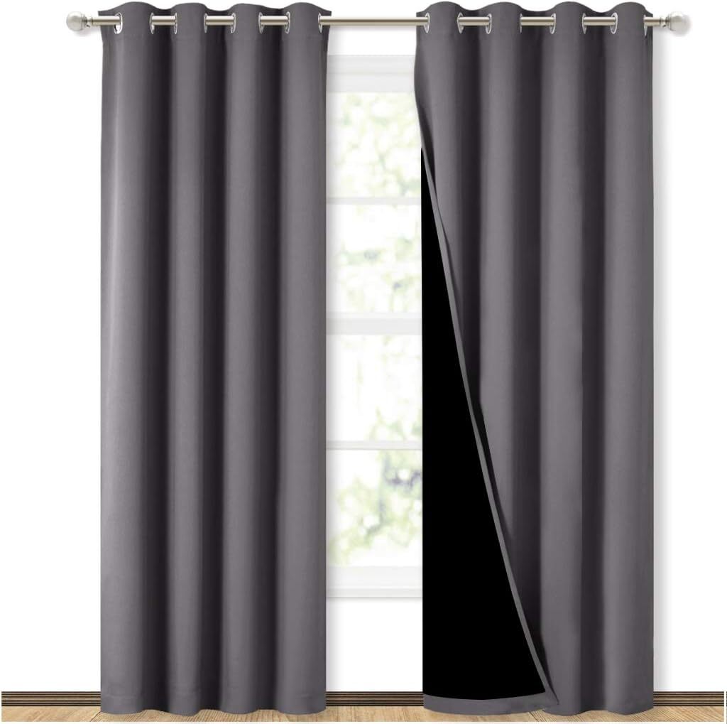 Gray Full Blackout Curtain Panels, Insulated Guest Room Liner Curtains (Gray