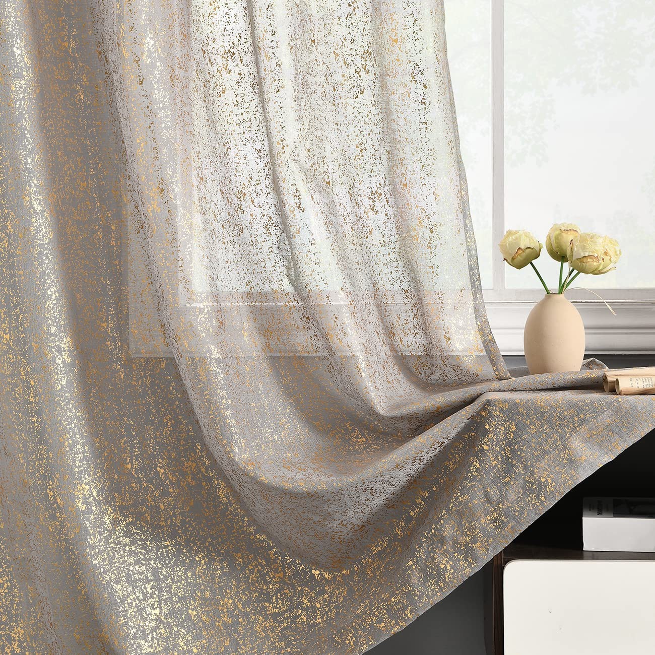 Metallic Grey Sheer Curtains, Gold Foil Sparkle Glitter Sheer Curtains 96 Inch…