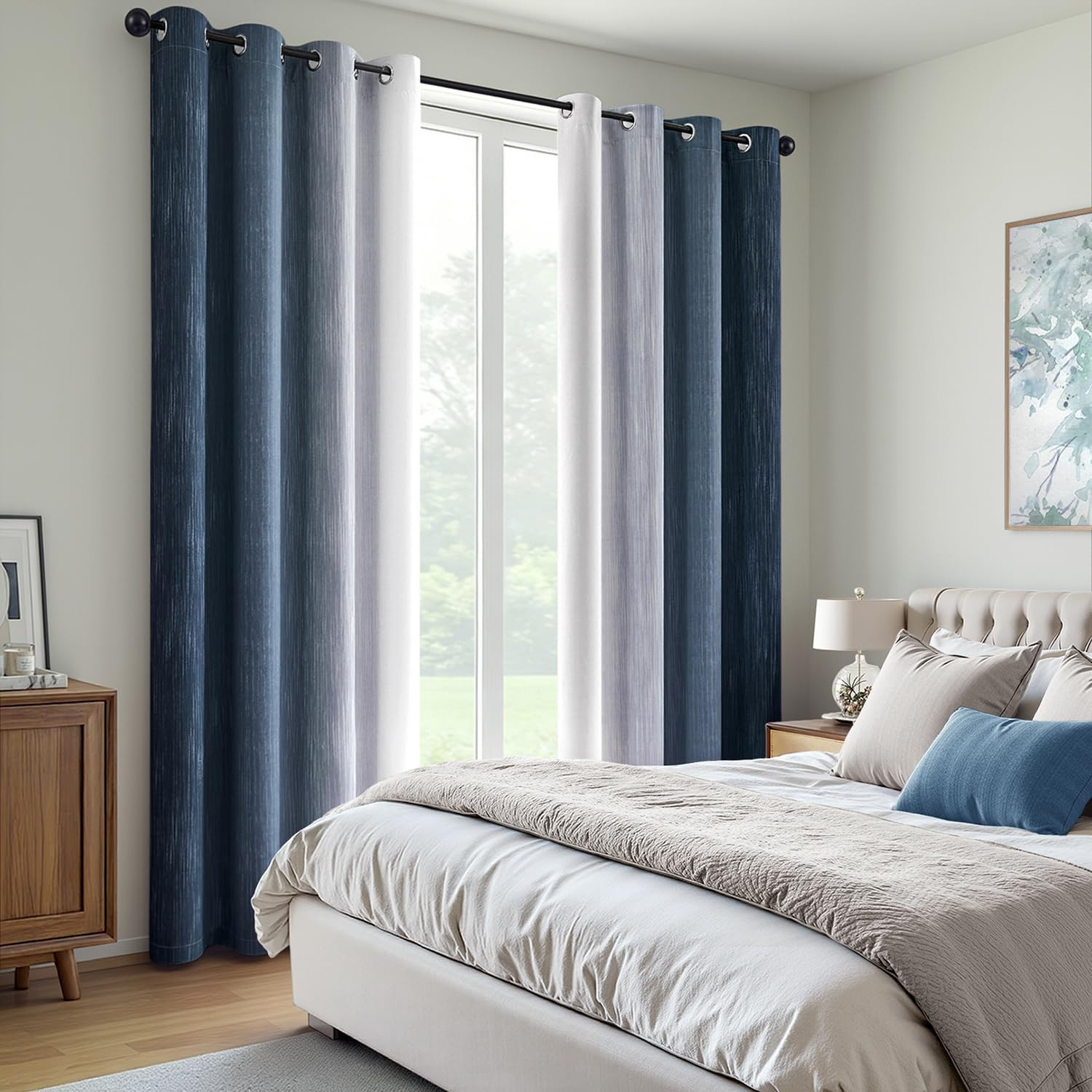 Navy Blue and Greyish White Ombre Blackout Curtains, Full Room Darkening Thermal