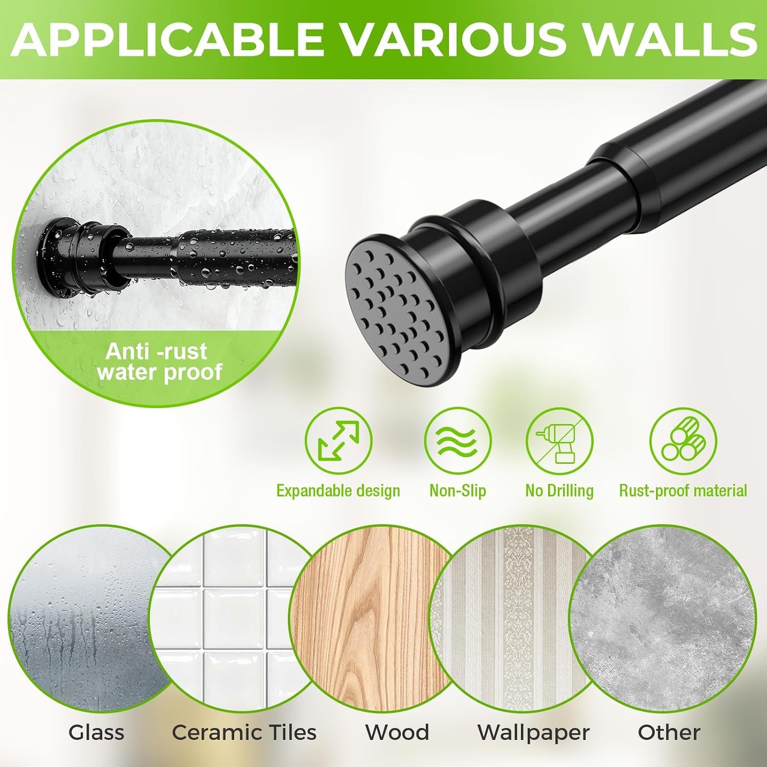 2 Pack Spring Tension Rods 28-48 Inches No Drill Tension Curtain Rods Black