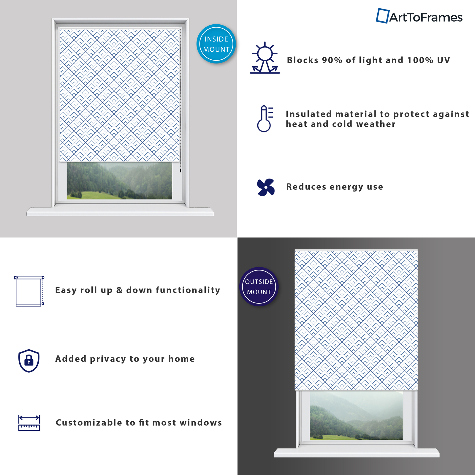 ArtToFrames Custom Window Shade – Blackout Peaks Modern White Beige Design Rever
