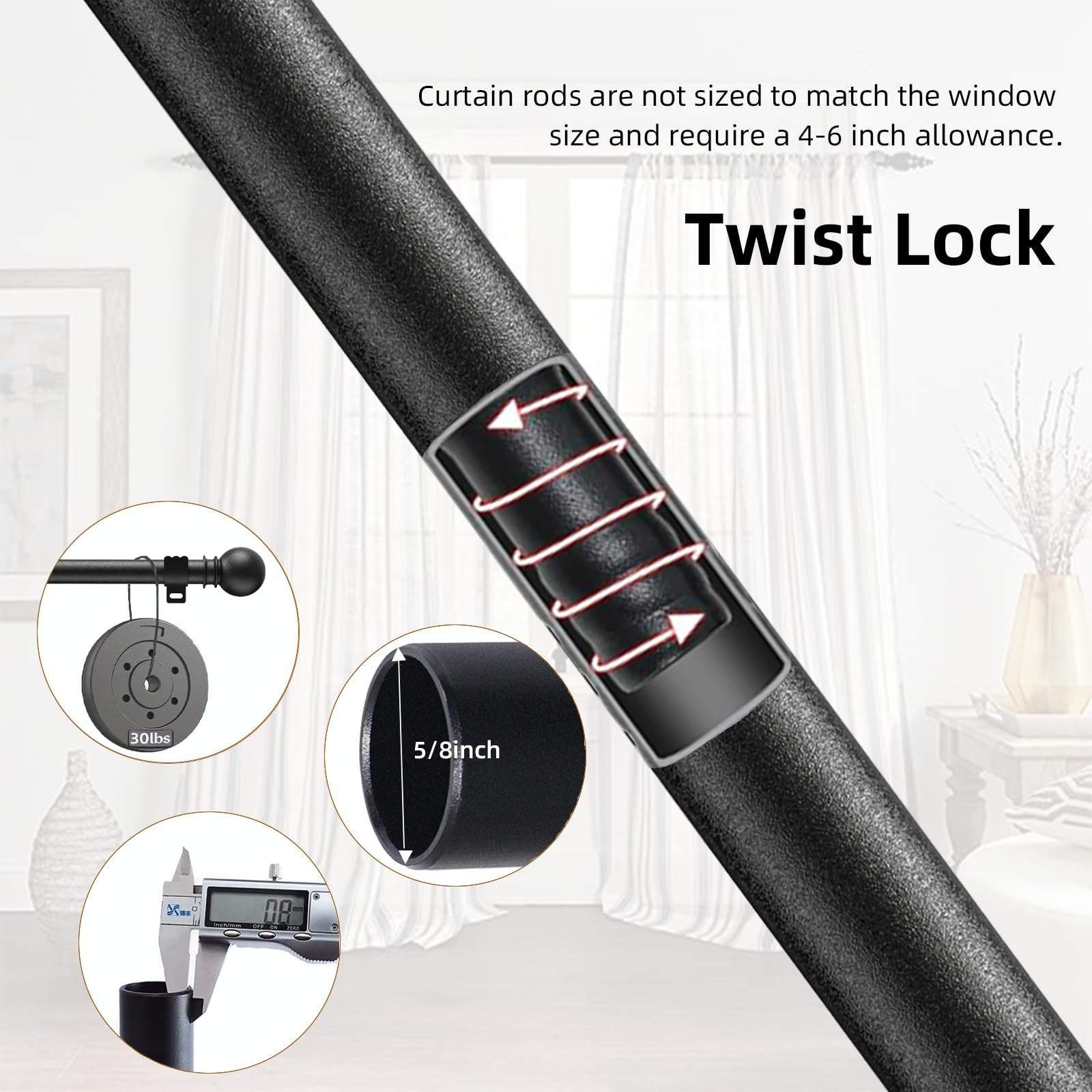 Curtain Rods for Windows 28-44 inch, 5/8 inch 28in-44in, Black