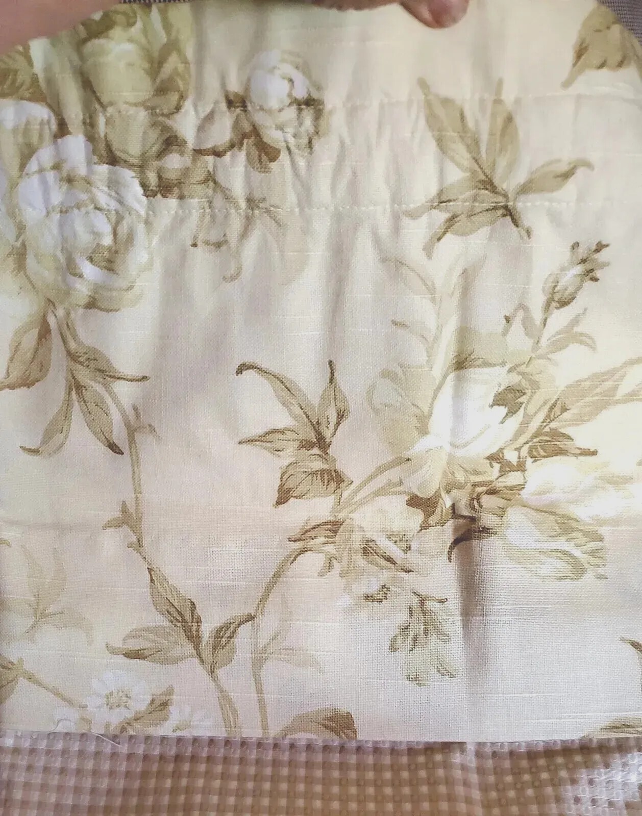 Decorator Drapery Double Valance Tan Check Butter Cream Rose Floral Lined 17×68″