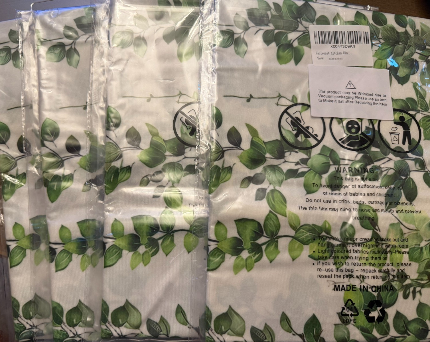 New-4 Window Valances, White with Green Leaf Vines 54″W X 18″L – holds 1-3″ rod