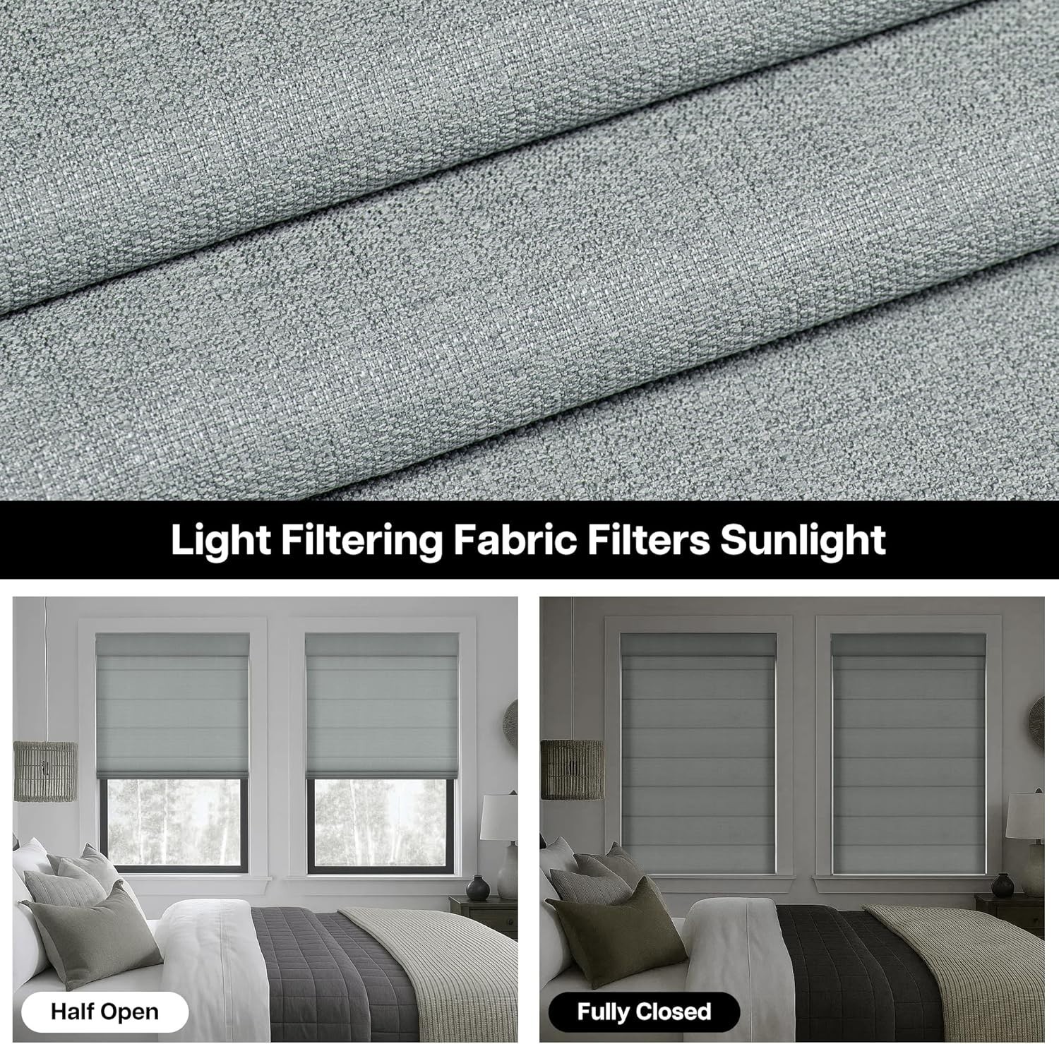 Window Shade No Drill Roman Shades Cordless Light Filtering 30″ x 64″ Grey