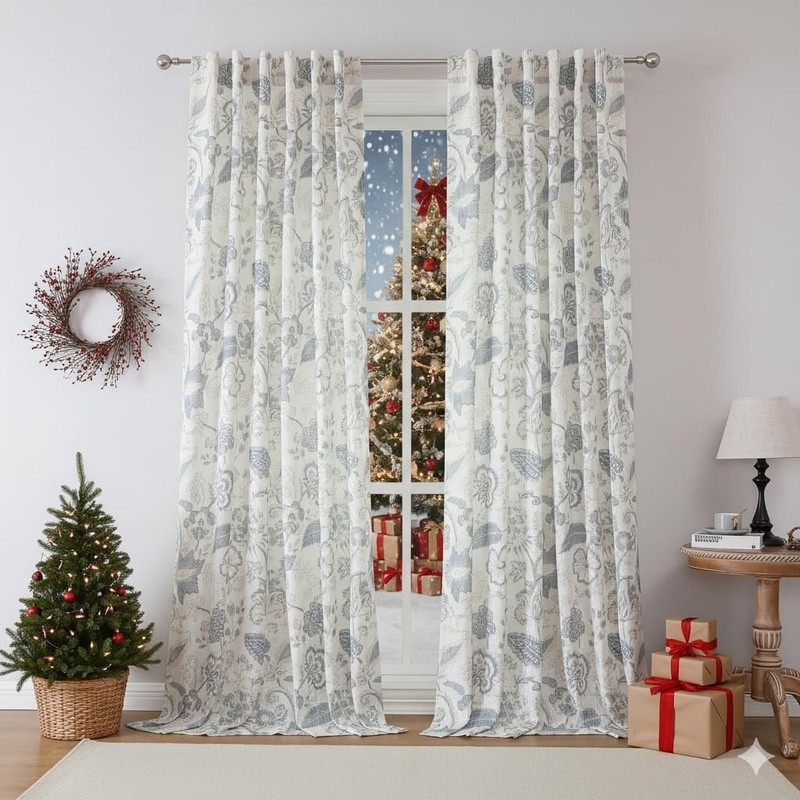 Jacobean Floral Light Filtering Linen Curtains Heavy Fabric Drapes 2 Pack New