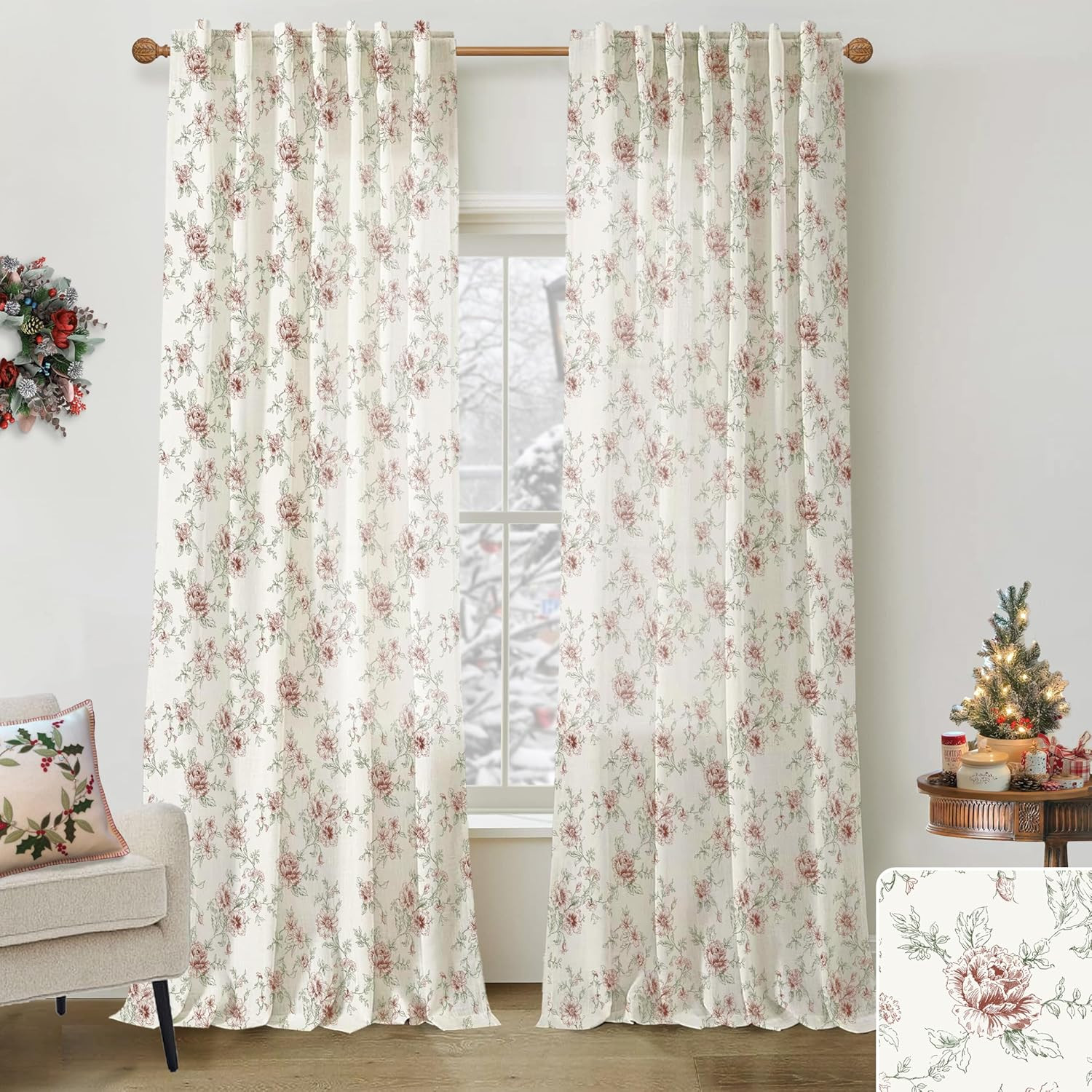 Burgundy Red Floral Sheer Curtains, Vintage Farmhouse French Country Drapes for