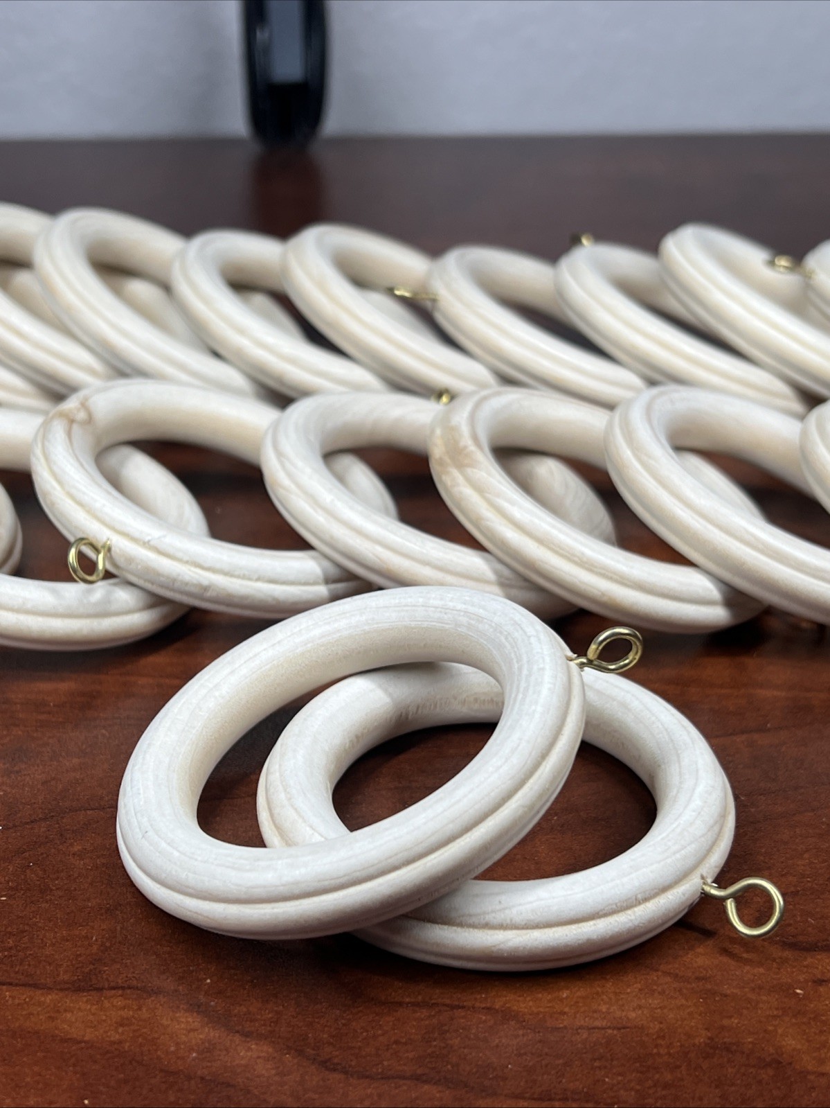 10 Unfinished Wood Ribbed Curtain Rings 2 3/4″ w/ Gold Eyelet Window Door